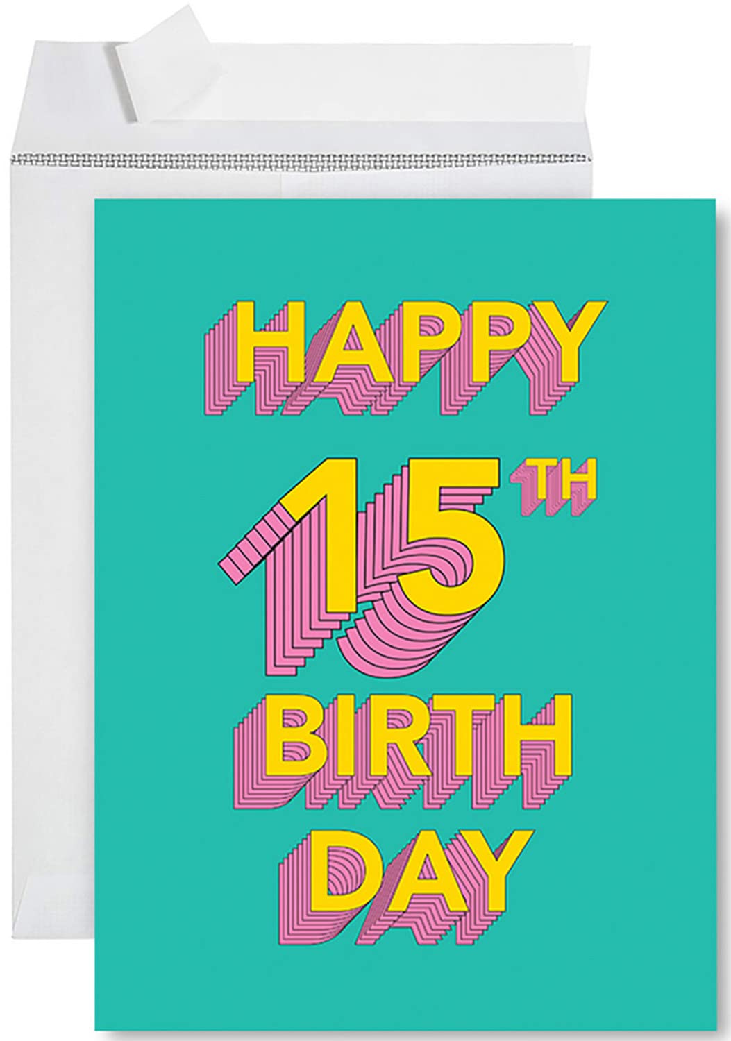 Retro 80s Jumbo Happy 15th Birthday Card for Girls & Boys - 8.5x11 Inch Big Blank Greeting Space with Envelope - Perfect for Daughter, Son, Teen Birthday Celebrations - Great for Parties, Gifts & Milestone Memories - 1-Pack