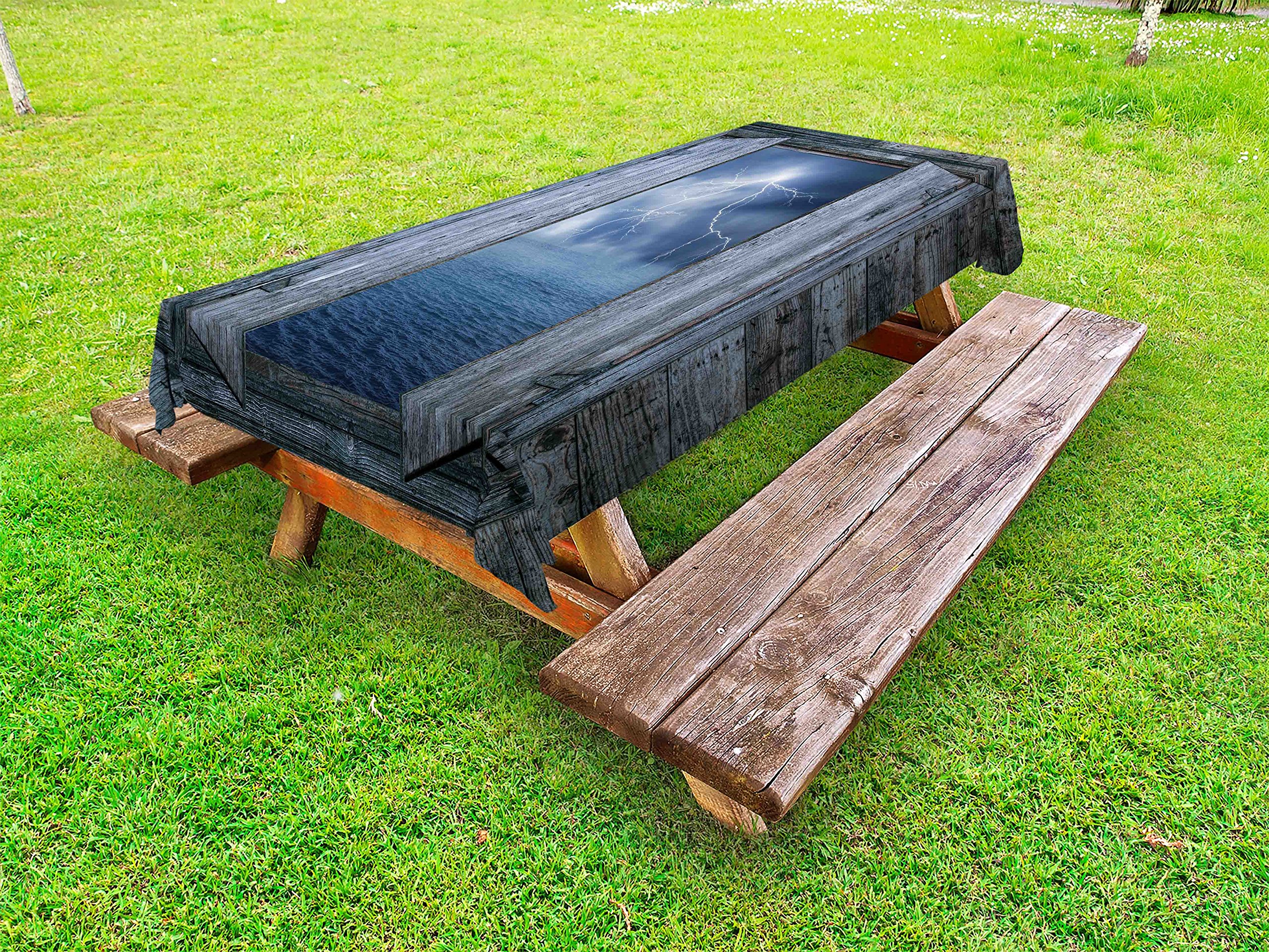 Ambesonne Waterproof Outdoor Tablecloth - Thunder Bolt at Night Seaside House Nature Print, Washable Picnic Table Cover 58x120 Inches Blue Grey - Perfect for Beach Parties, BBQs, and Outdoor Dining