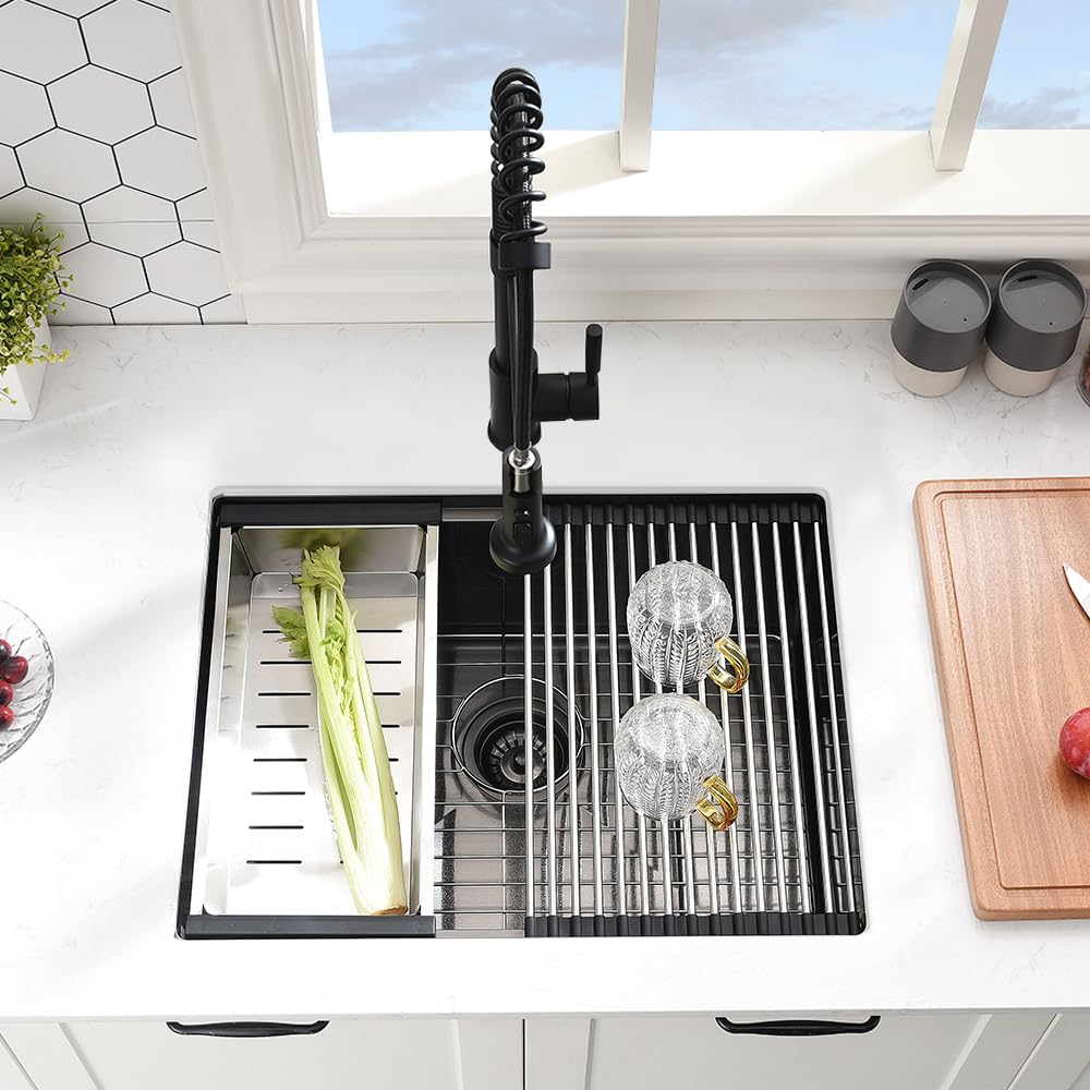 24 Inch Black Undermount Kitchen Sink - 16 Gauge Stainless Steel Workstation Sink with Deep Basin (24x19 Inch) - Perfect for Food Prep, Dishwashing & Bar Use