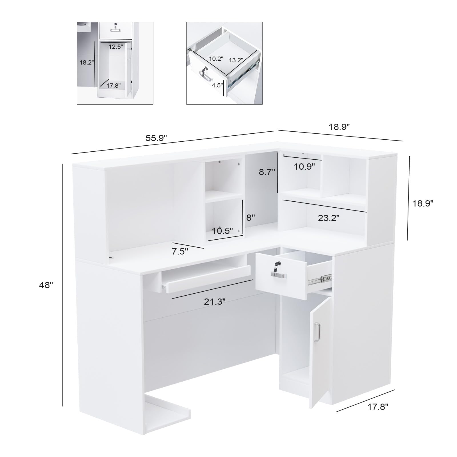 L-Shaped Reception Desk with Lockable Drawers & Adjustable Shelf - 55.9