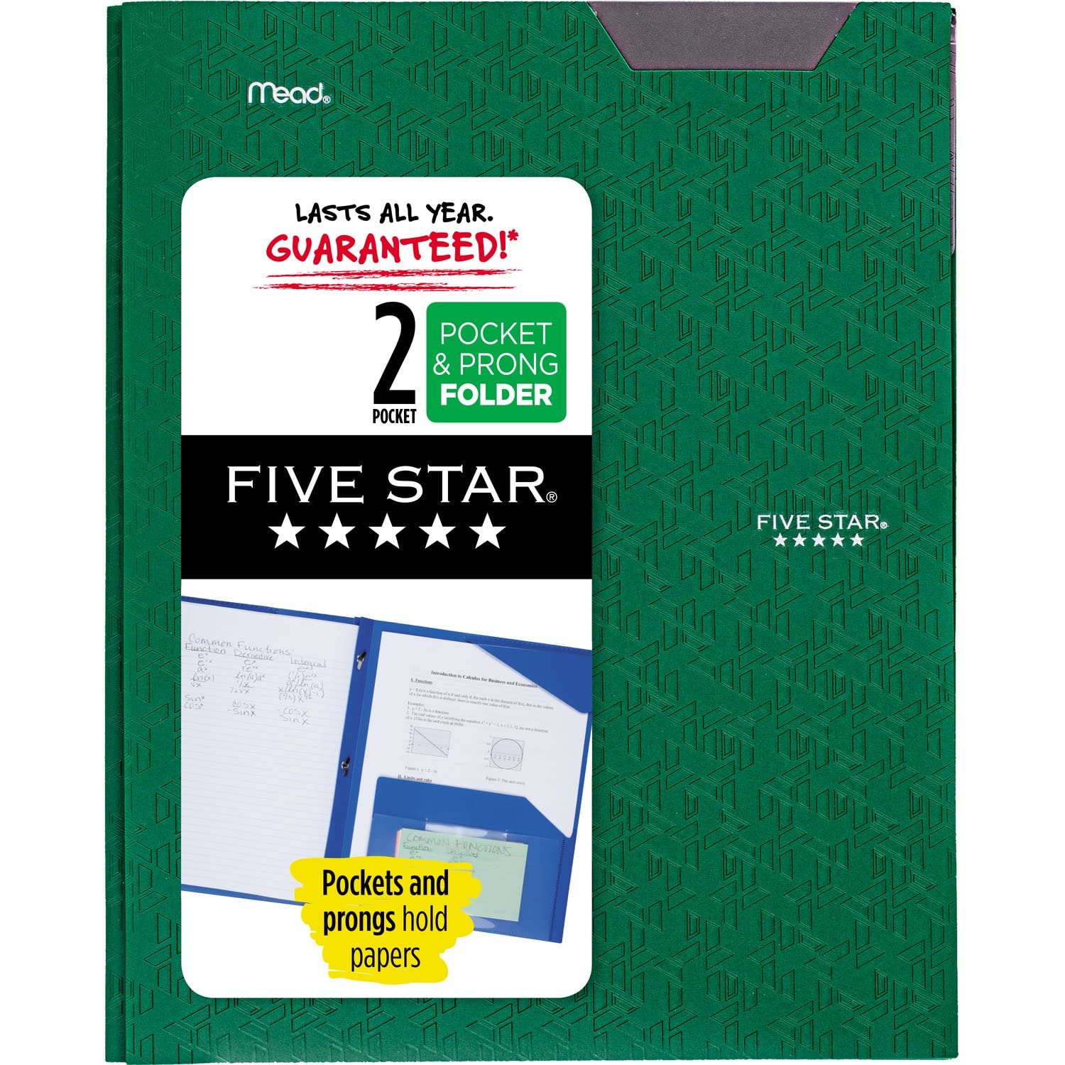 Five Star 2-Pocket Plastic Folder with Stay-Put Tabs & Prong Fasteners - Fits 3-Ring Binders, Includes Writable Label - Holds 8.5x11 Paper (9.31x11.62 Inches), Forest Green (72111) - Perfect for School, Office & Document Organization