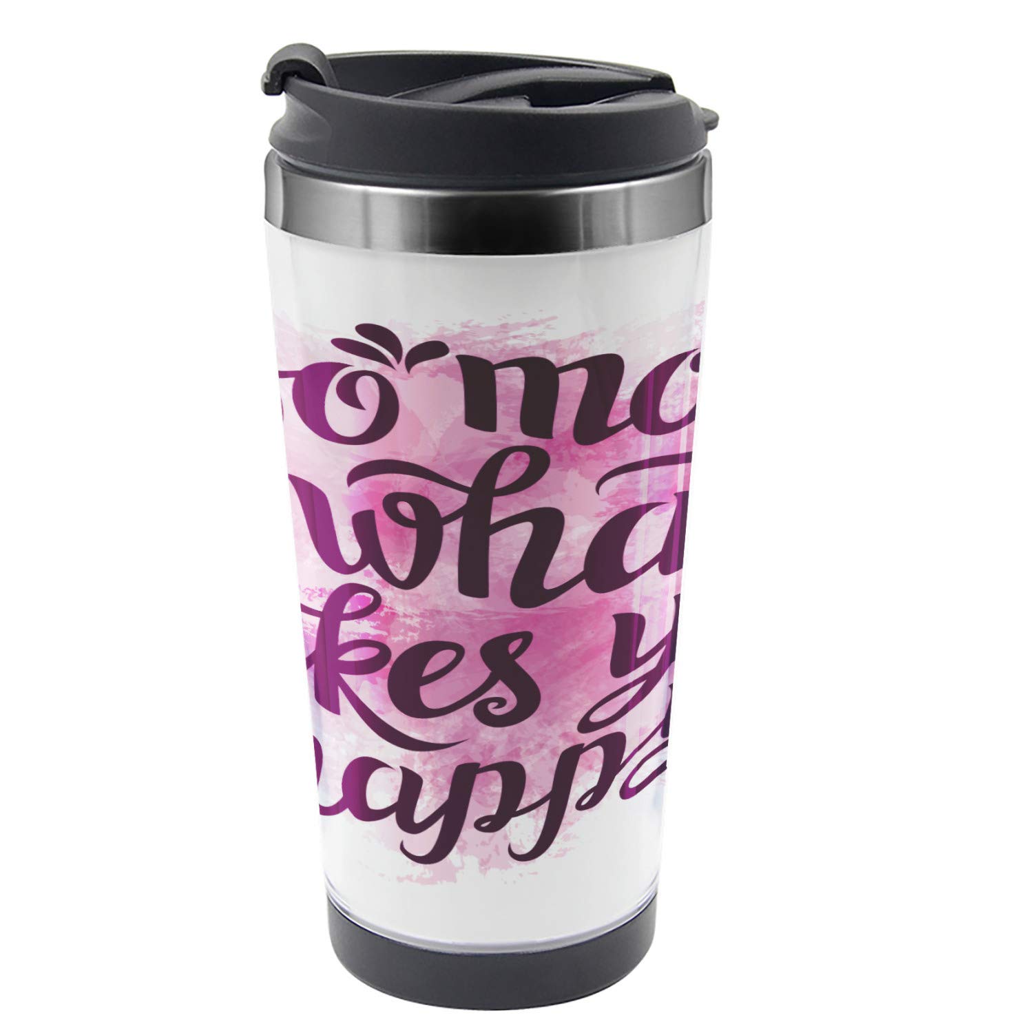 Ambesonne Travel Mug with Watercolor Brush Design - 16 oz Stainless Steel Insulated Coffee Cup - Pink & Purple - Perfect for Commuting, Office & Outdoor Adventures