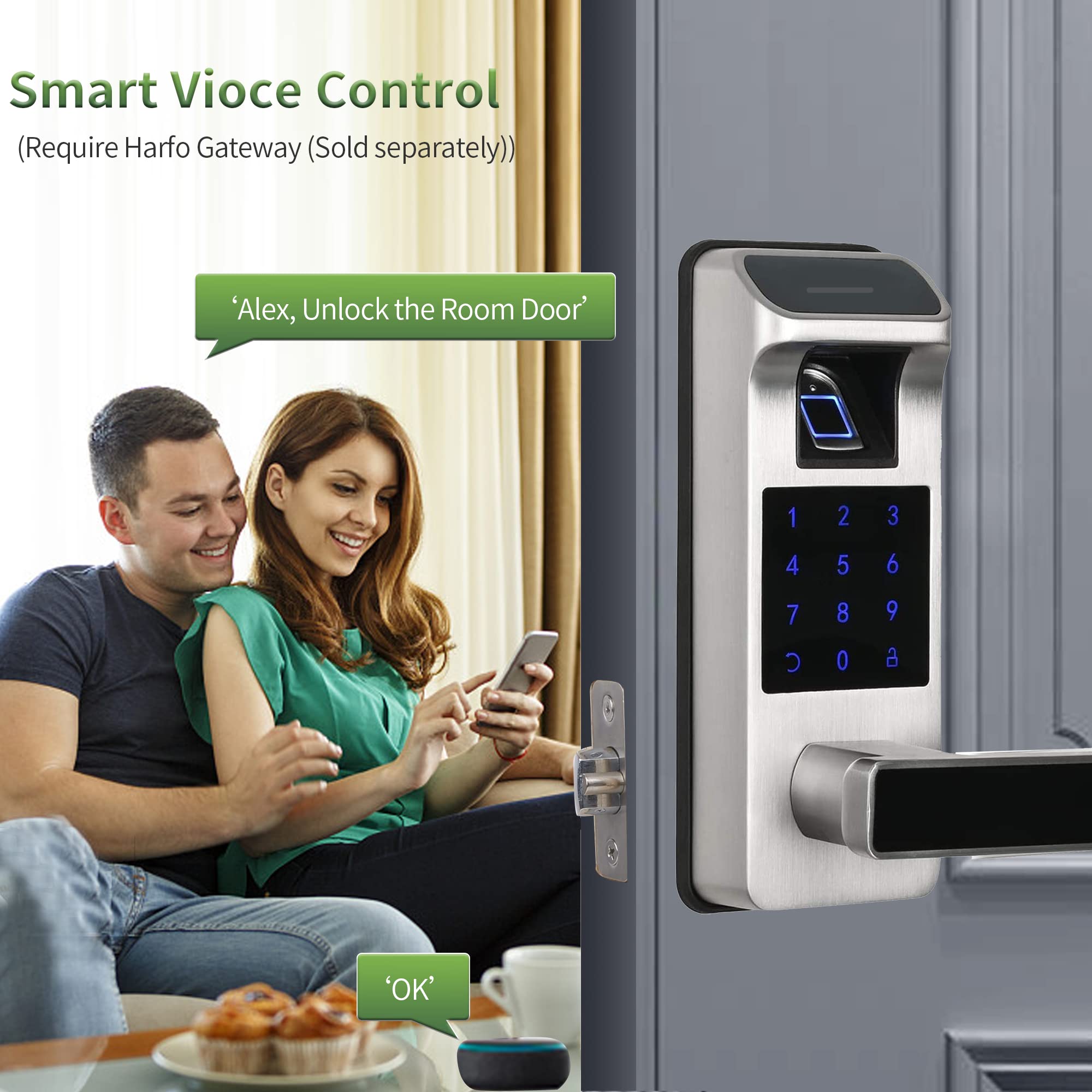 Harfo Smart Door Lock - Keyless Entry Fingerprint & Keypad Electronic Door Lock with Full App Control - Heavy Duty Digital Security for Homes & Offices (Satin Nickel) - Perfect for Modern Smart Homes & Apartments
