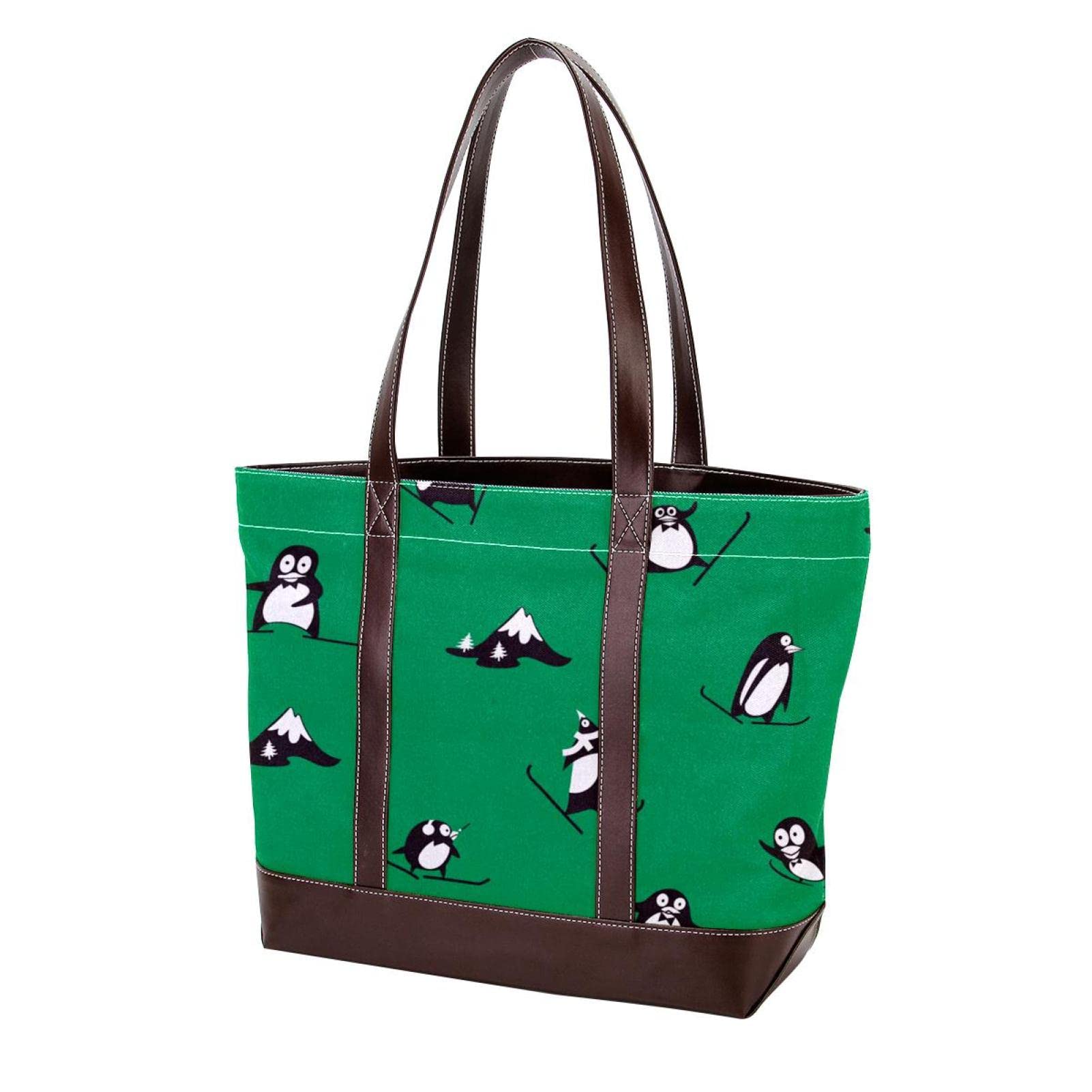 Stylish Women's Tote Bag - Waterproof Beach Bag, Laptop Shoulder Purse with Zipper - Cute Penguin Snow Mountain Cartoon Design - Perfect for Travel, Work, Shopping & Daily Use
