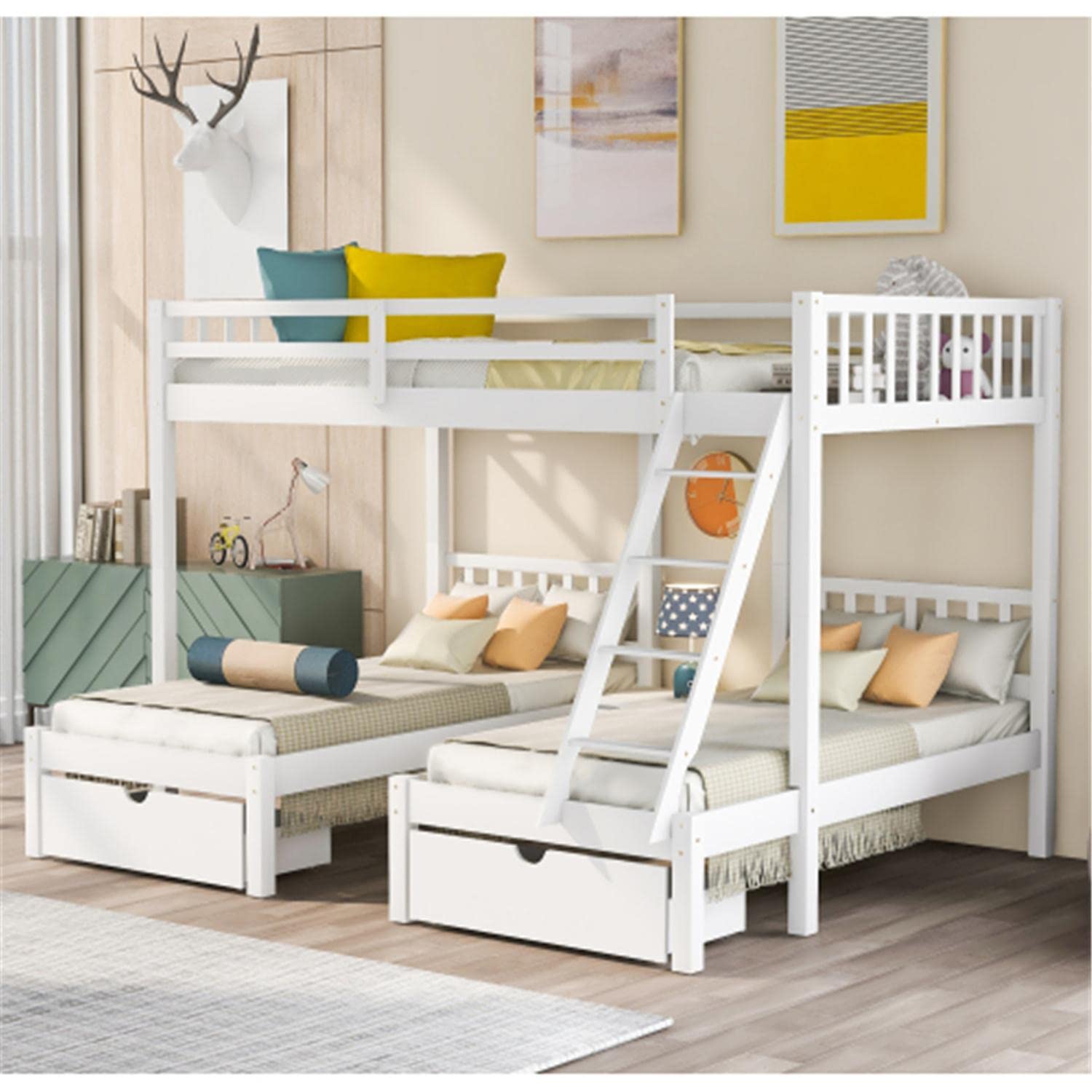 Full Over Twin & Twin Triple Bunk Bed Frame with Storage Drawers - Space Saving Design with Inclined Ladder - White - Perfect for Kids' Bedrooms, Vacation Homes & Small Spaces