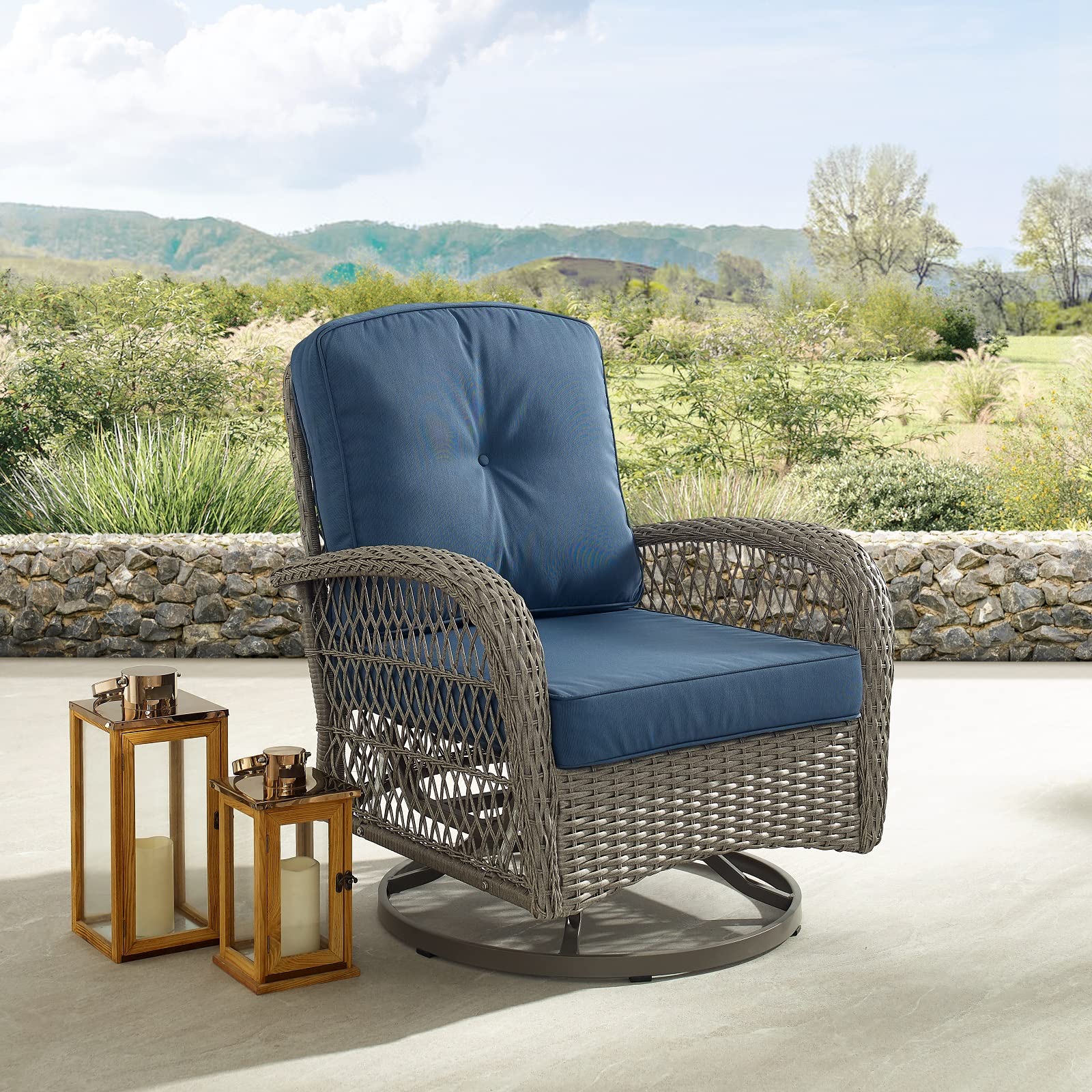 3 Piece Patio Furniture Set - Blue Rattan Outdoor Bistro Table and 2 Wicker Chairs with 3.9