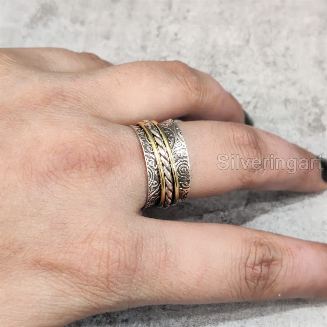 925 Sterling Silver Filigree Spinner Ring - Handmade Meditation & Fidget Ring for Anxiety Relief, Two-Tone Thumb Ring for Men & Women - Perfect Christmas Gift for Stress Relief, Focus & Relaxation (Oxidized Finish)