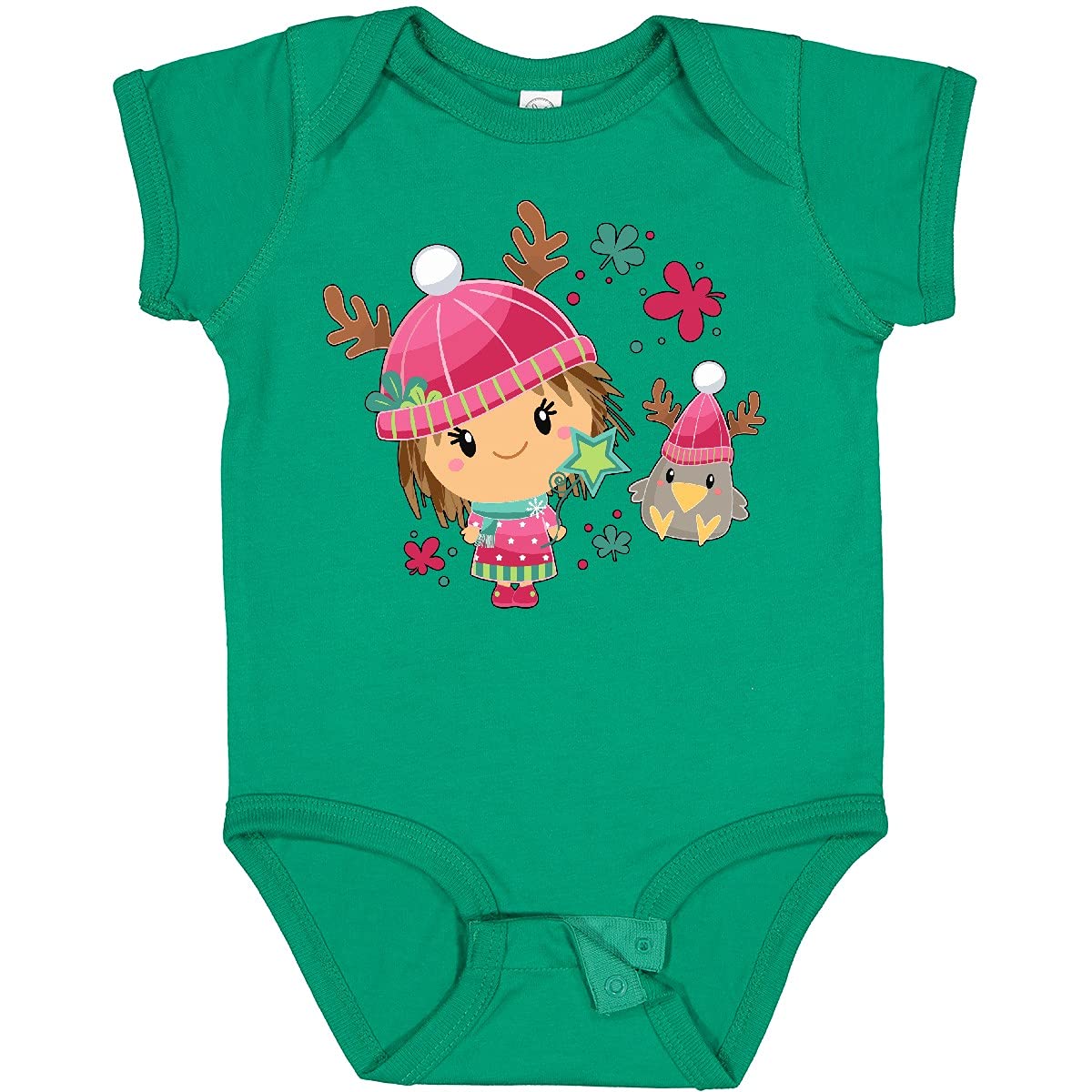 Inktastic Cute Winter Christmas Girl and Crow in Hats Baby Bodysuit - Soft Cotton Onesie for Holiday Photos & Family Gatherings