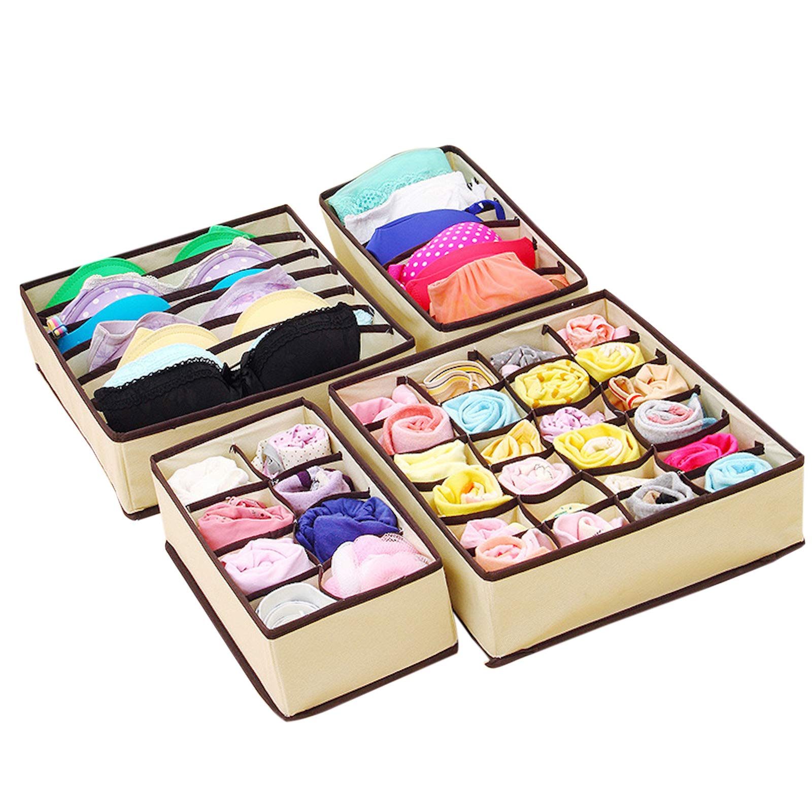 Foldable Underwear Drawer Organizer Set of 4 - PP Board Bra Sock Tie Scarf Storage Box | Closet & Dresser Organization for Daily Wear & Travel Accessories (Beige)