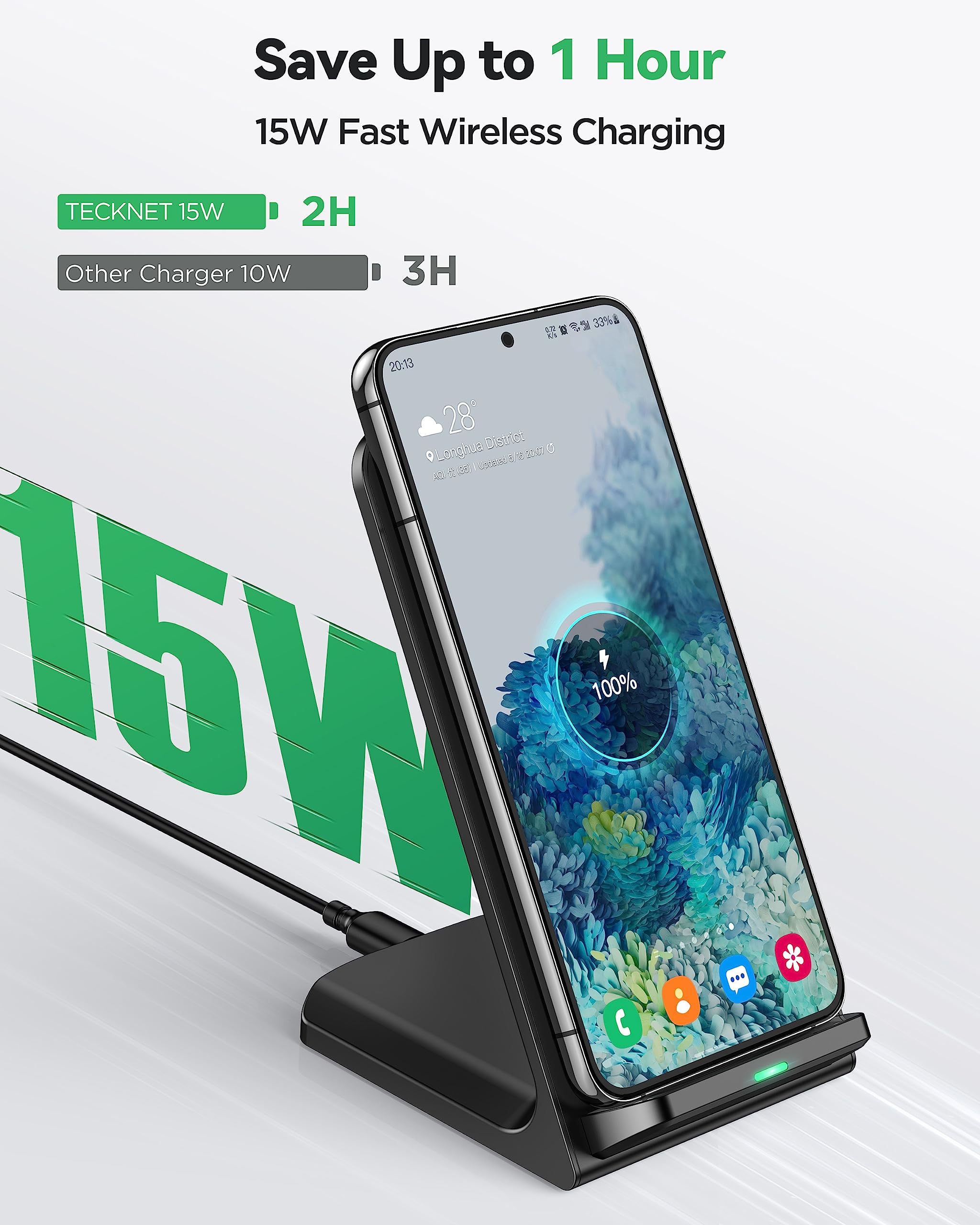 TECKNET 15W Fast Wireless Charging Stand - Qi-Certified Phone Charger for iPhone 15/14/13/12/11 Pro Max & Galaxy S23/S22/S21/S20/S10 - Dual Charging Modes (Desktop/Office/Nightstand Use)