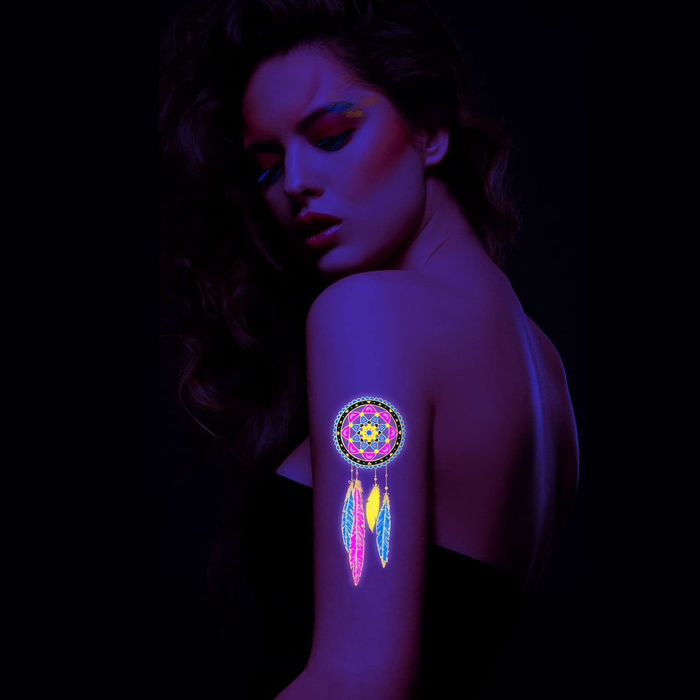 UV Glow Neon Temporary Tattoos - Waterproof Fake Tattoo Stickers for Women & Men (Lion, Tiger, Wolf, Lizard Designs) | 21x15CM Body Art for Parties, Festivals & Costume Events