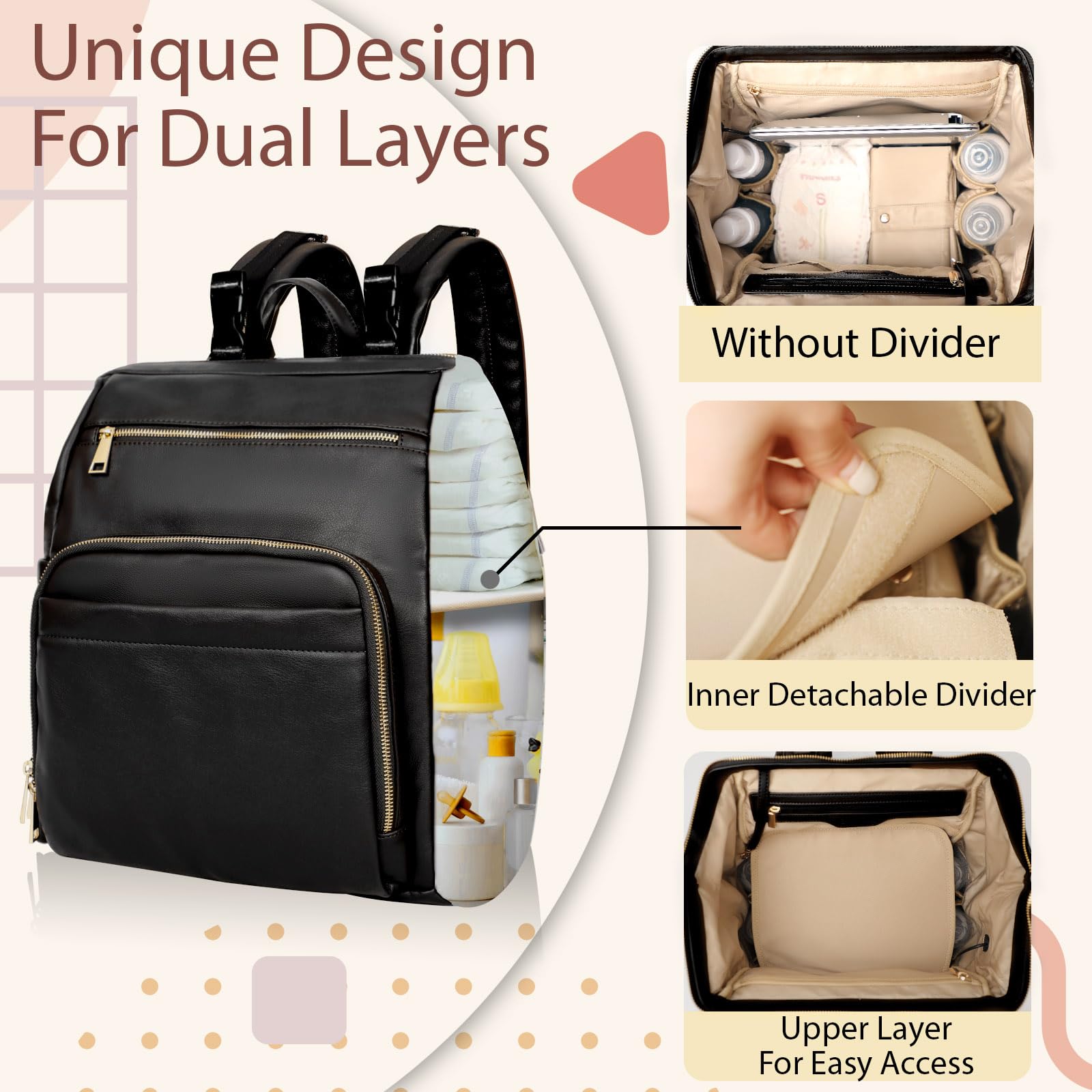 Premium Leather Diaper Backpack for Baby Essentials - 18 Pockets, 6 Insulated Compartments, USB Charging Port & Stroller Straps | Large Travel Diaper Bag with Changing Pad (Black) | Perfect for Moms, Dads & Daycare Use