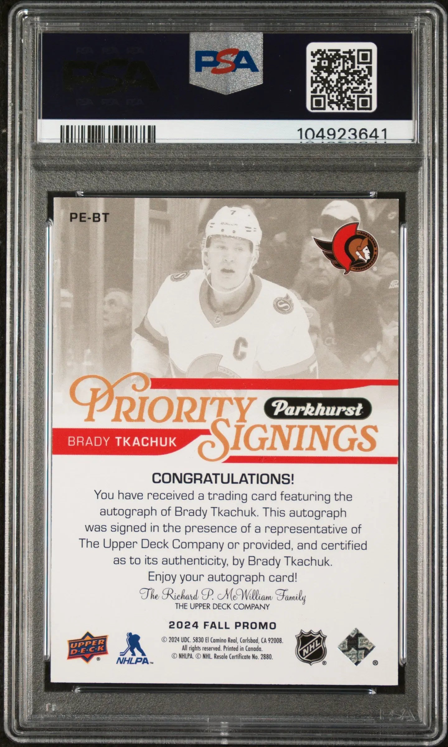 2024 Upper Deck Fall Expo Parkhurst Priority Auto Exclusives Brady Tkachuk PSA 9/5 - Rare Hockey Trading Card for Collectors & Investors