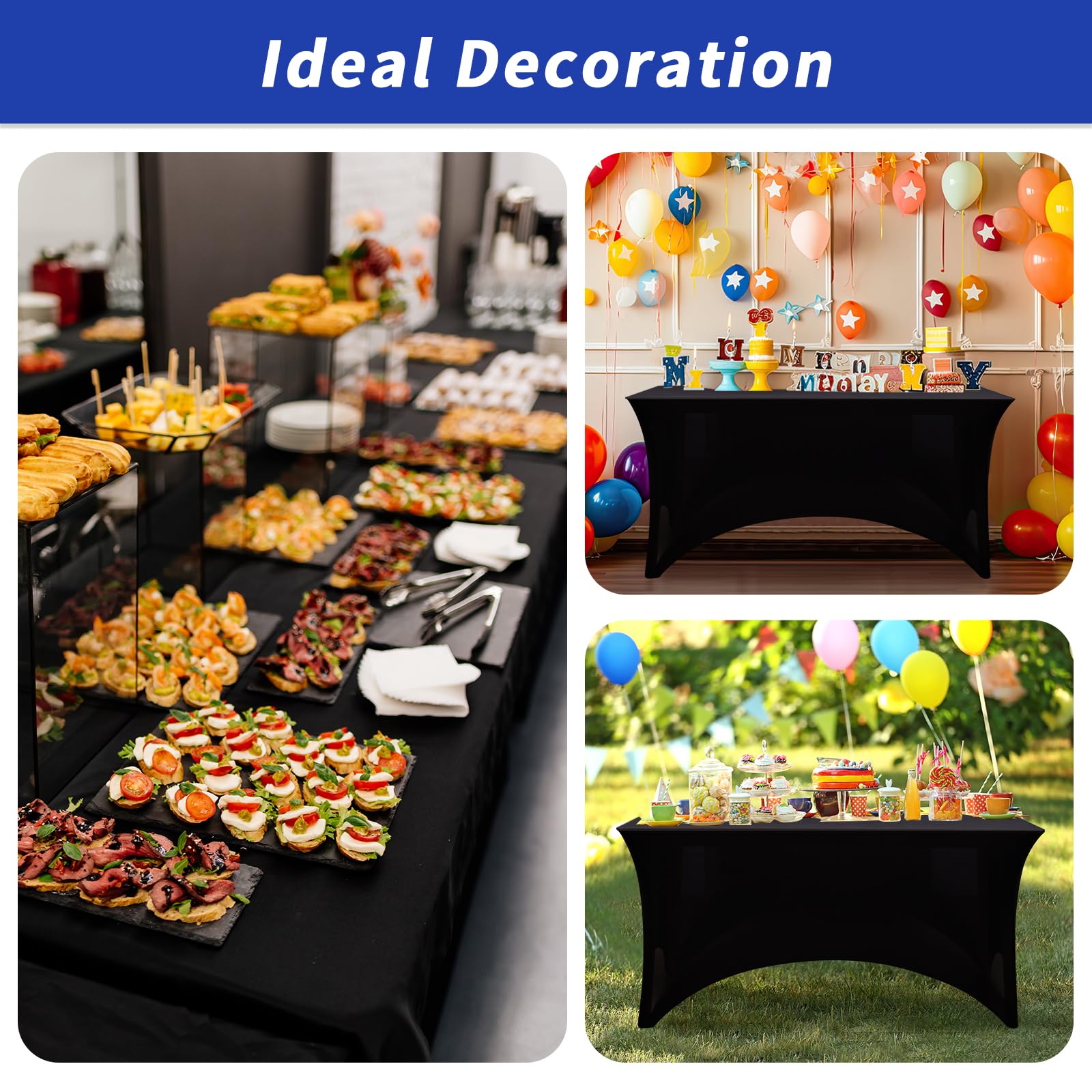 Fixwal 6FT Stretch Spandex Tablecloth for Rectangle Table - 2 Pack Black Fitted Table Covers for Party, Wedding, Banquet Decor | Washable & Wrinkle-Free | Perfect for Dining Room, Buffet Tables & Event Decorations