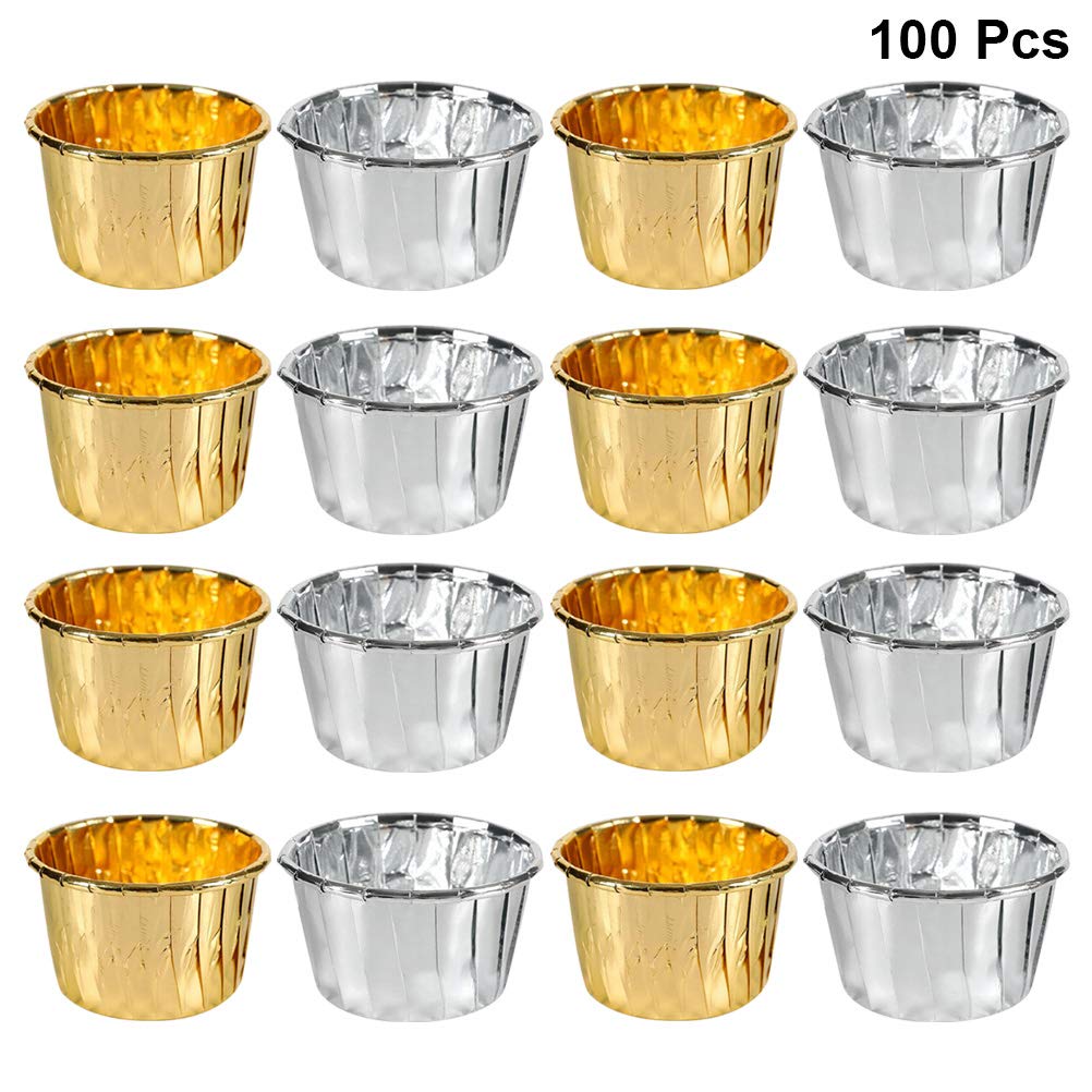 Premium 100-Pack Silver & Gold Curled Edge Baking Cups - Disposable Muffin & Cupcake Liners for Home Baking, Party Treats & Professional Dessert Displays