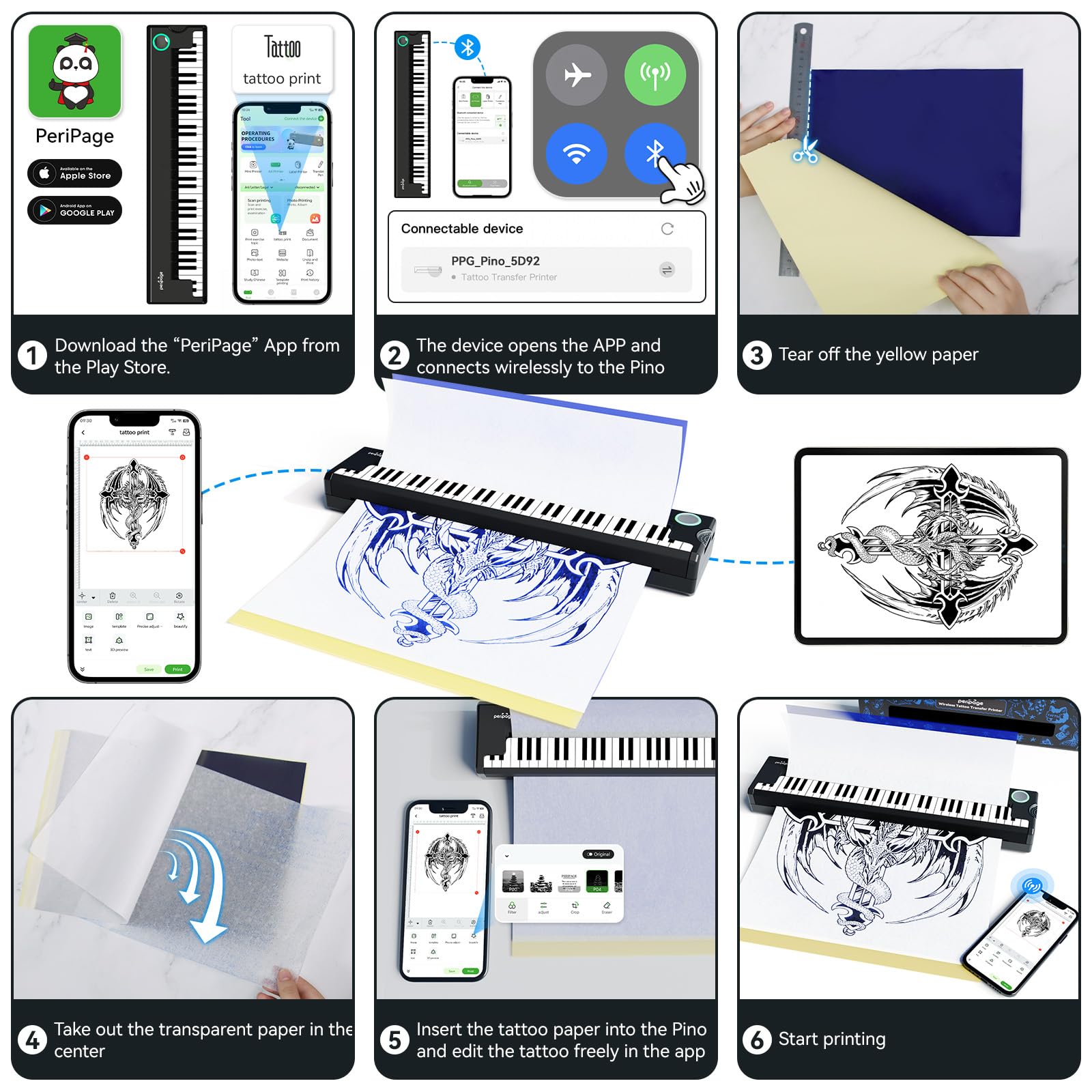 P90-Pino Wireless Tattoo Stencil Printer - Inkless Thermal Tattoo Machine with Piano Design | Portable Tattoo Printer Kit for Phone, Tablet & PC | Perfect for Professional Tattoo Artists & Home Tattoo Enthusiasts