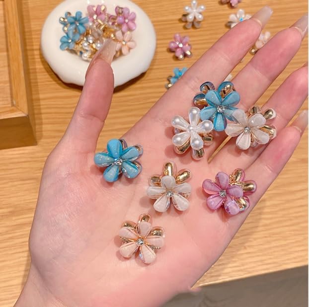 Elegant Pearl & Rhinestone Hair Claw Clips for Women - Mini Gold Metal Hair Barrettes with Flower Design (9-Pack, Daisy Korean Style) | Perfect for Parties, Weddings & Everyday Hairstyling