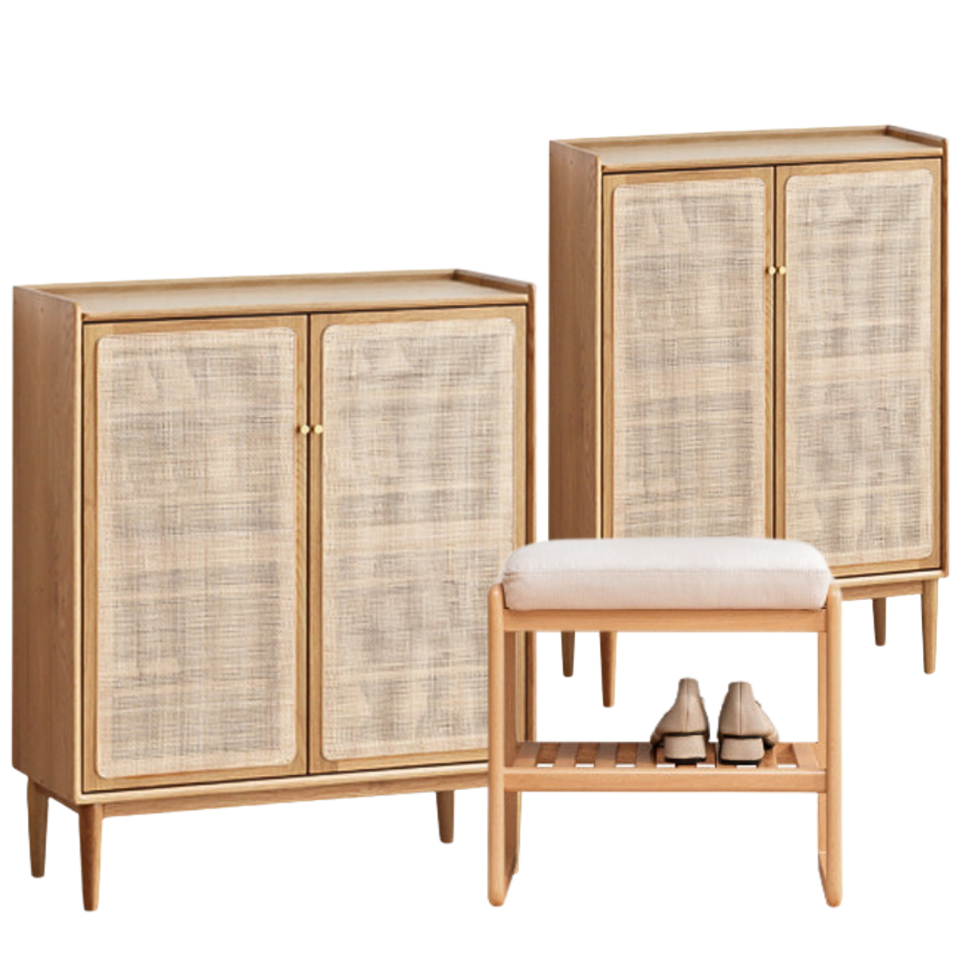 Solid Oak Wood Shoe Storage Cabinet with Rattan Doors - Organize Shoes Neatly in Entryway, Bedroom or Closet