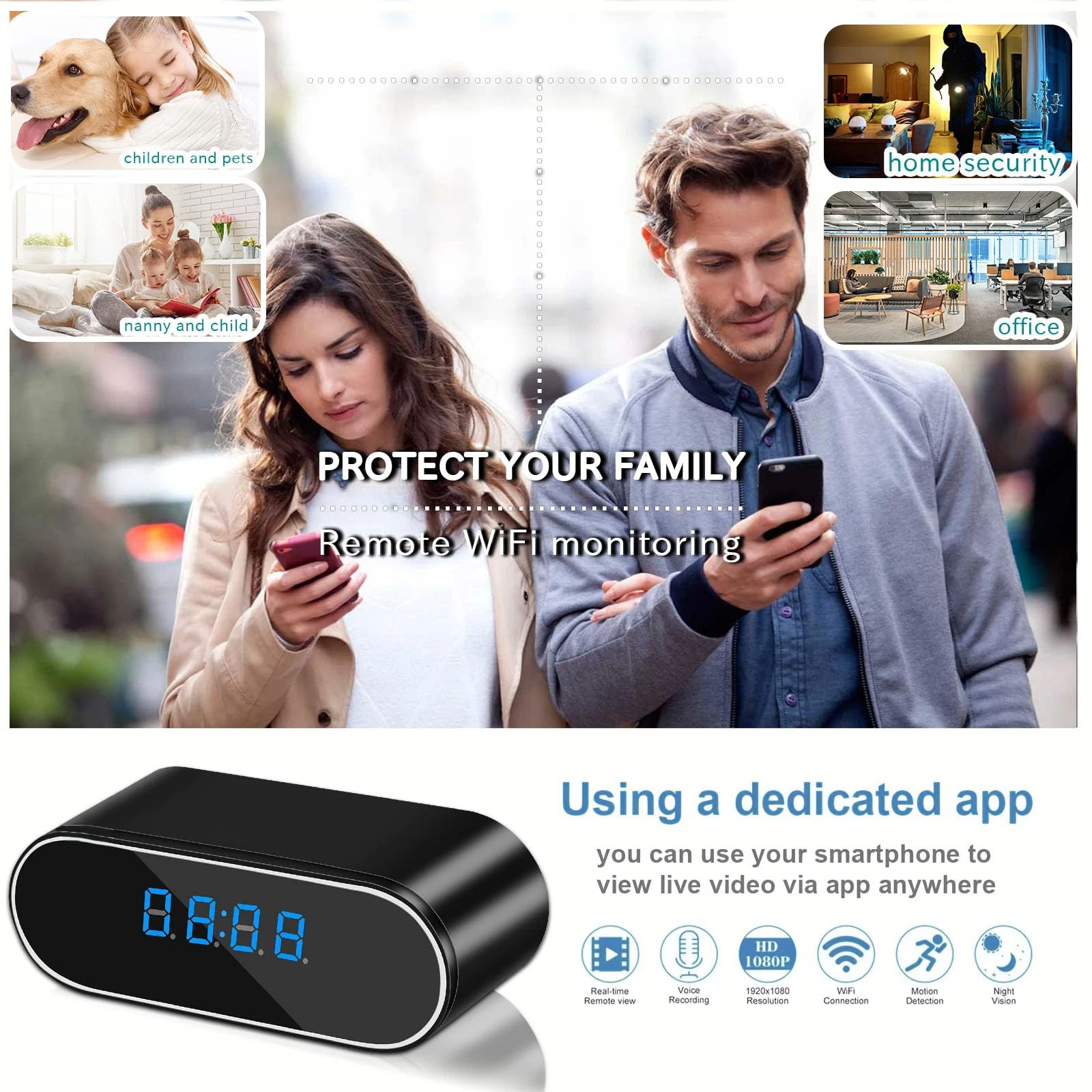 FKINGLRK WiFi Wireless Spy Camera HD 1080P - Hidden Clock Camera with Motion Detection & Night Vision - Indoor Security Cam for Home, Office, Baby Monitor and Nanny Surveillance