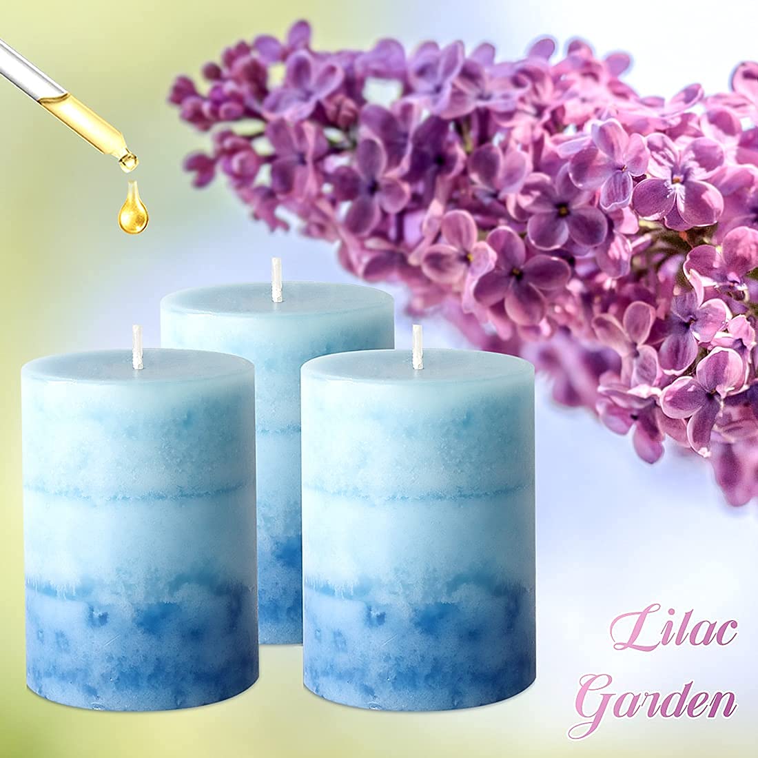 Blue Lilac Garden Scented Pillar Candles - Long-Lasting 3x4 Inch Home Decor Candles for Wedding, Bathroom & Relaxation - Perfect Aromatherapy Gifts for Women