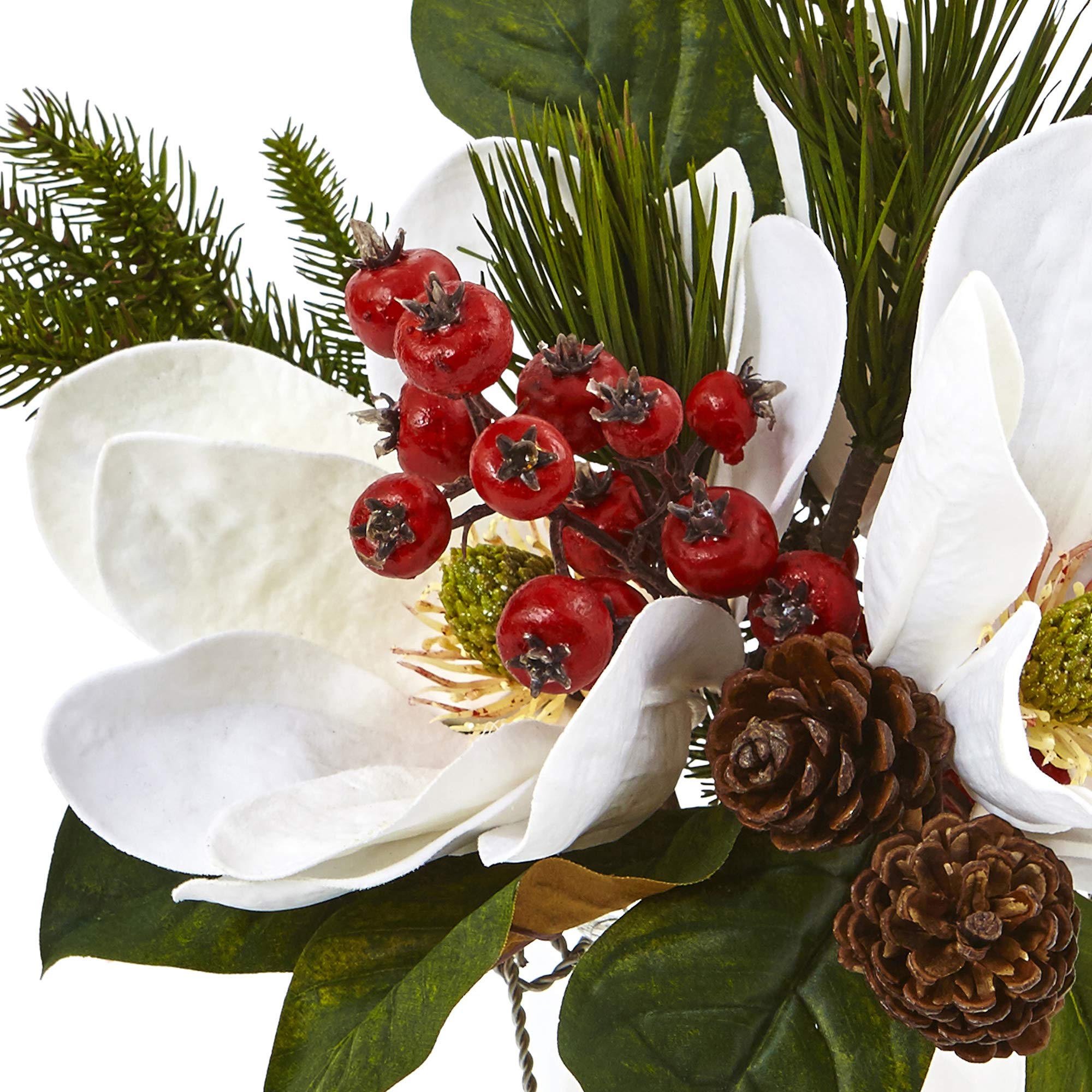 Nearly Natural Magnolia Pine Berry Holiday Arrangement in Glass Vase - Elegant Christmas Centerpiece for Home Decor, Office & Holiday Party Table Settings