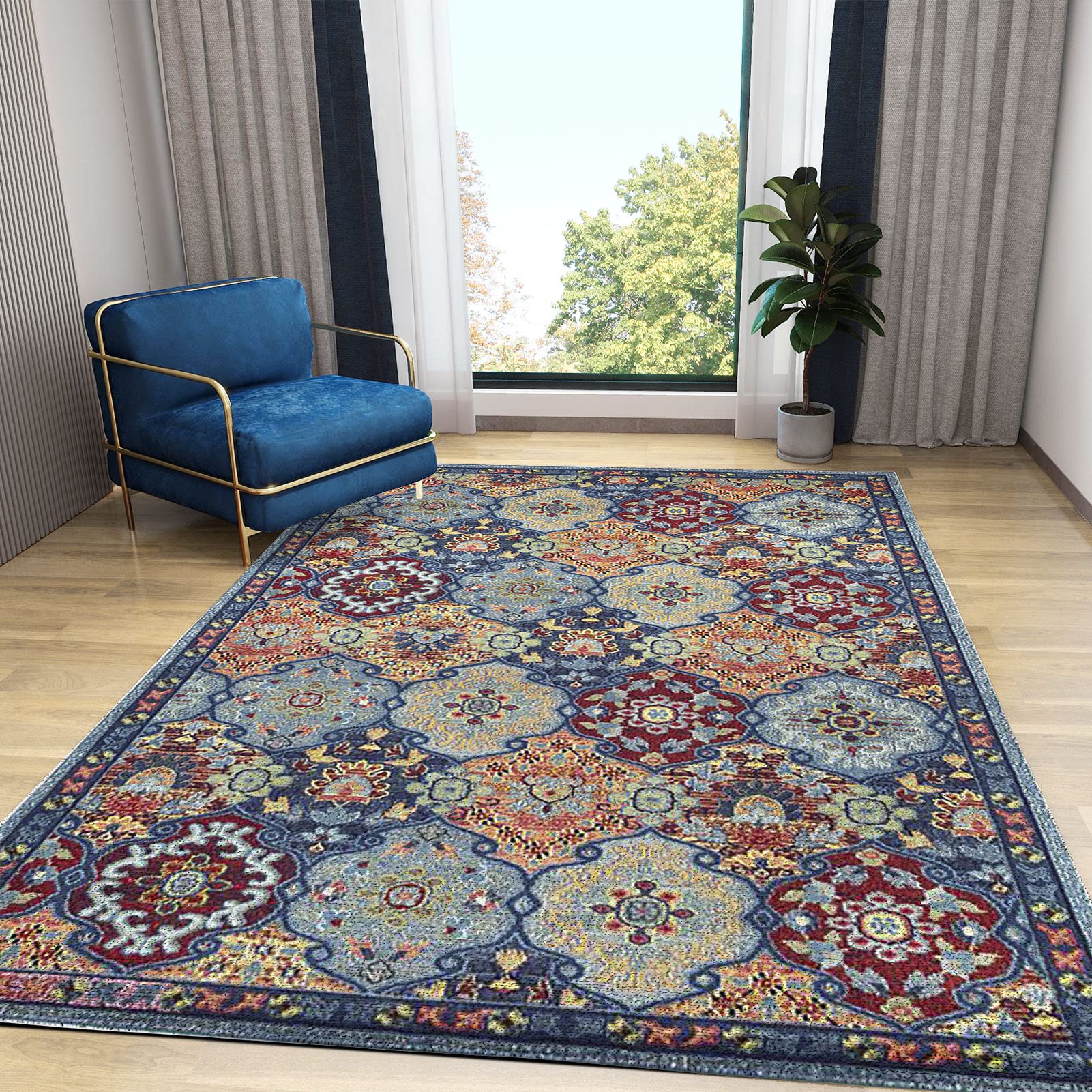 Vintage Bohemian Distressed Multicolor Persian Area Rug - 5x8 Feet Large Boho Floral Washable Floor Carpet for Living Room, Bedroom, Dining Room | Perfect for Boho Chic Decor, Home Staging & Cozy Spaces