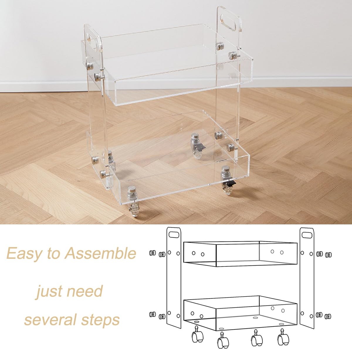 Gdrasuya10 2-Tier Clear Acrylic Rolling Serving Cart with Wheels - 16 Inch Mobile Side Table for Living Room, Bedroom, Party & Balcony - Perfect for Snacks, Drinks, Books & Home Decor Storage