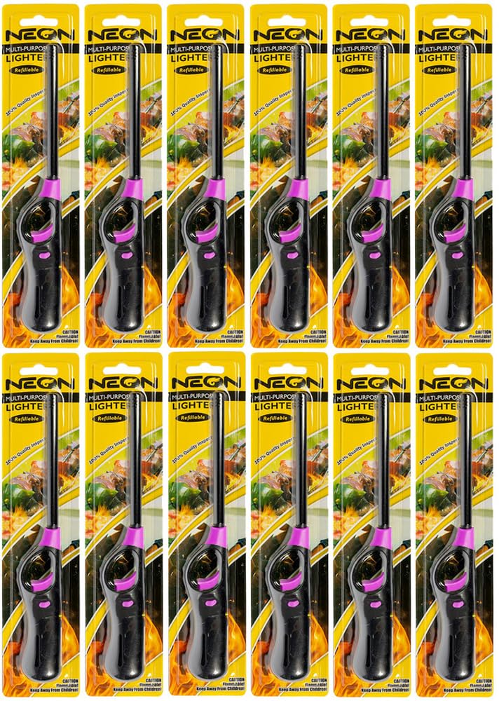 12-Pack Basic Grill Lighters - Long Reach Butane Lighter for BBQ, Fireplace, Camping & Outdoor Cooking (Windproof & Refillable)