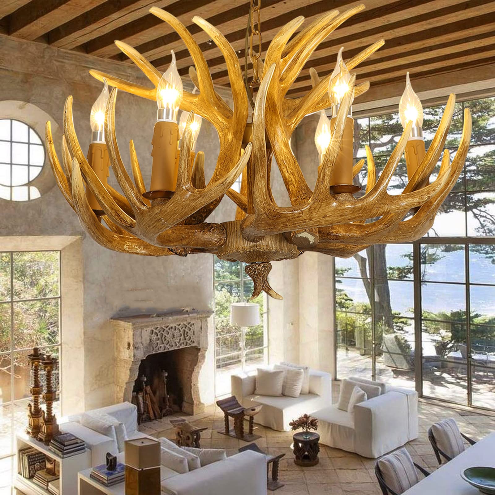 Vintage Resin Antler Chandelier - 6-Light Faux Deer Horn Lighting Fixture, 26 Inch Farmhouse Rustic Ceiling Light for Living Room, Dining Room, Cabin & Kitchen | Perfect for Lodge, Hunting Cabin & Western Home Decor