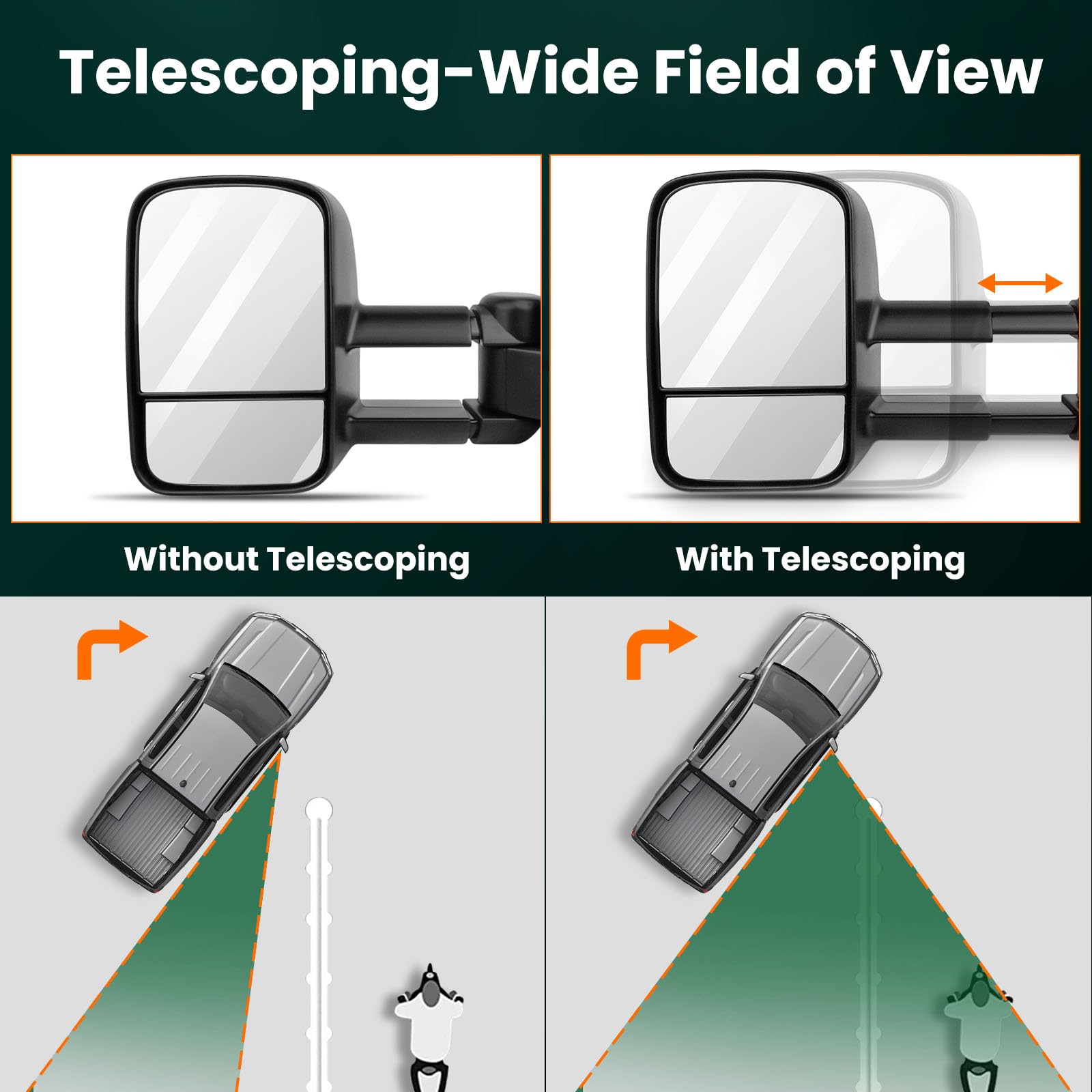 SCITOO Convex Glass Manual Telescoping Folding Towing Mirrors for Chevy Silverado & GMC Sierra 1500/2500HD/3500 (2007-2013 Models) - Exterior Truck Accessories for Safe Towing & Enhanced Visibility