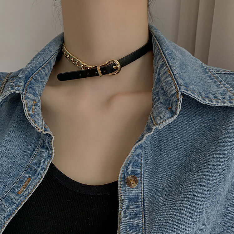 Asymmetric Cool Leather Half Chain Choker Necklace for Women | Gothic Punk Rock Fashion Accessory | Perfect for Concerts, Parties and Everyday Wear | HN940