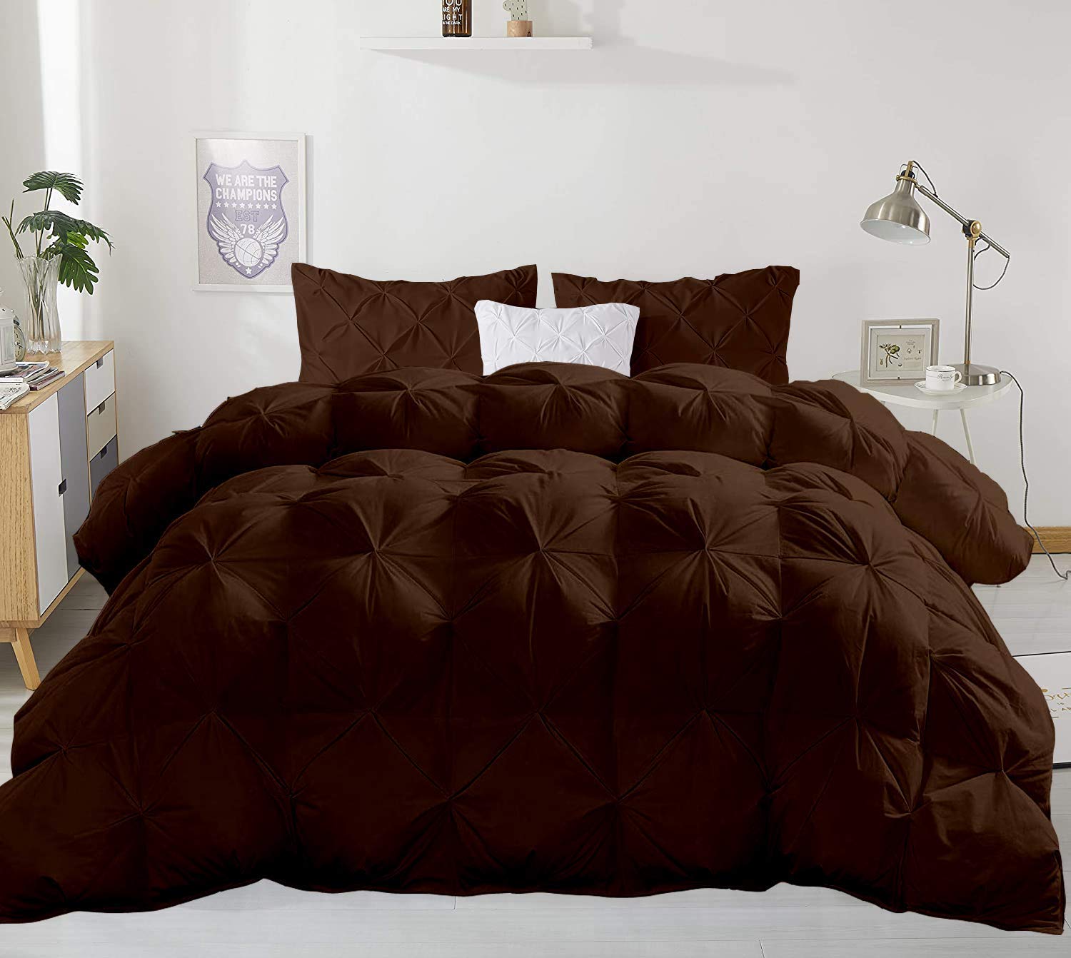 600 GSM All-Season 3-Piece Quilted Pinch Pleated Comforter Set - King Size Oversized 100% Cotton Duvet Insert with 2 Pillow Shams (Chocolate Brown) for Cozy Bedroom Decor & Luxurious Hotel-Style Sleeping Experience