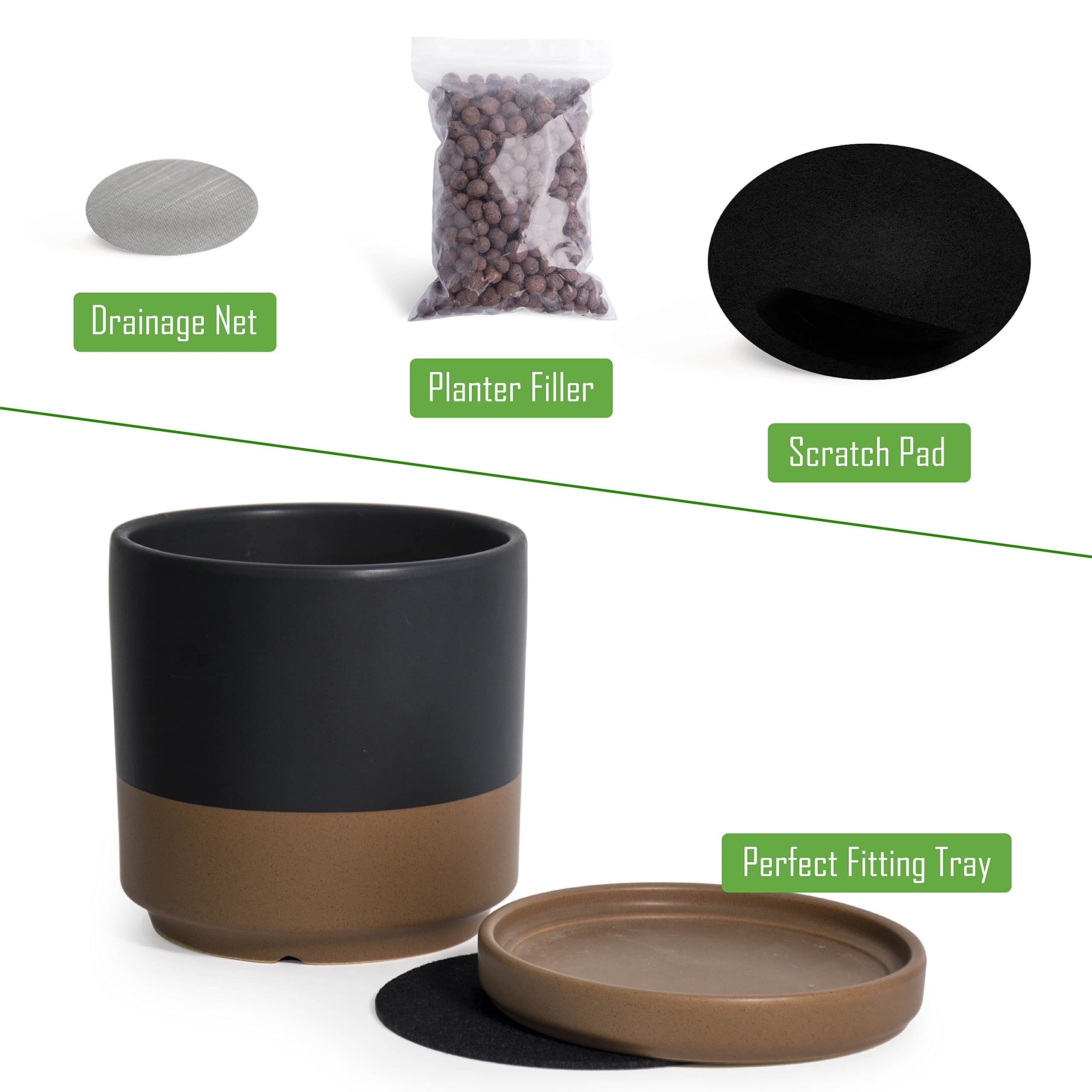 D'vine Dev Ceramic Planter Pot with Drainage Hole & Saucer - 4.6 Inch Indoor Cylinder Round Flower Pot for Succulents, Herbs & Small Plants - Black/Speckled Tan (94-O-B-7) - Perfect for Home, Office & Windowsill Decor
