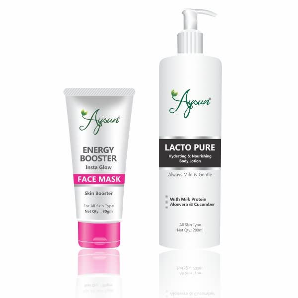 Aysun Energy Booster Face Mask & Lacto Pure Body Lotion Set - Skin Brightening & Hydrating Combo Pack for Glowing Skin | Perfect for Spa Day & Self-Care Routine