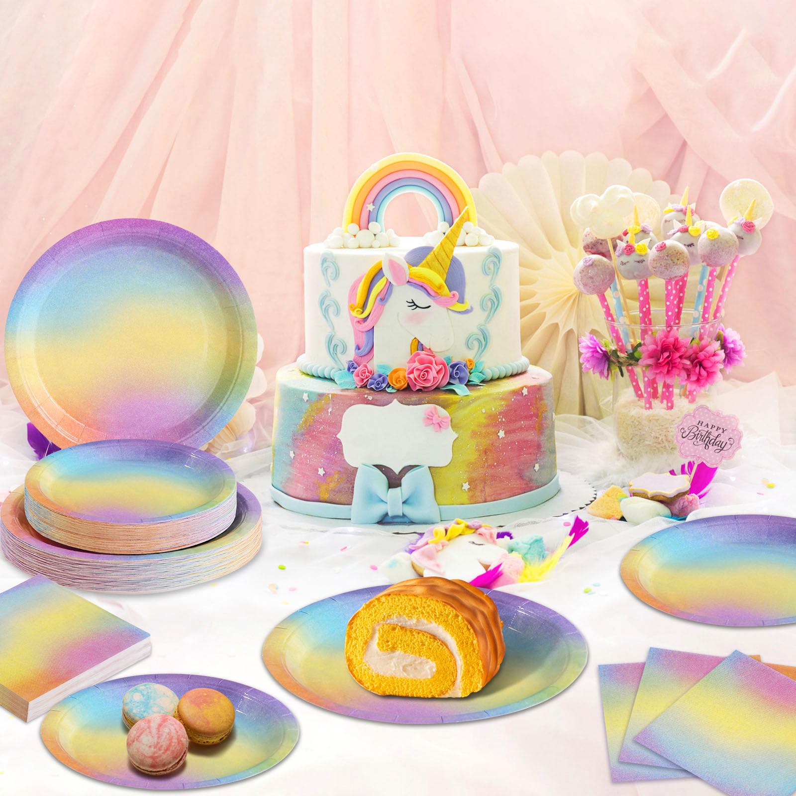 150-Piece Pastel Rainbow Party Supplies Set - Includes Paper Plates, Napkins for 50 Guests - Perfect for Baby Showers, Girls' Birthday Parties & Rainbow-Themed Celebrations