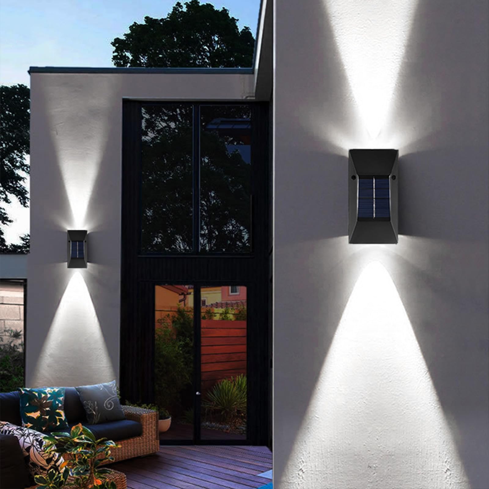 2 Pack Solar Wall Lights Outdoor - IP65 Waterproof Up Down Solar Lights for Garden, Porch, Patio - Modern Black Solar Powered Landscape Lighting for Home Decor, Pathway, Driveway (Perfect for Backyard, Deck, and Walkway Illumination)