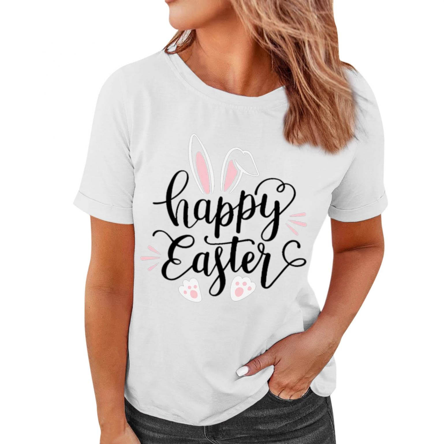 Easter Graphic Tee for Women - Cute Rabbit Printed Casual Short Sleeve Blouse, Summer Beach Tops with Happy Easter Letter Design | Perfect for Easter Celebrations, Spring Outings & Summer Vacations