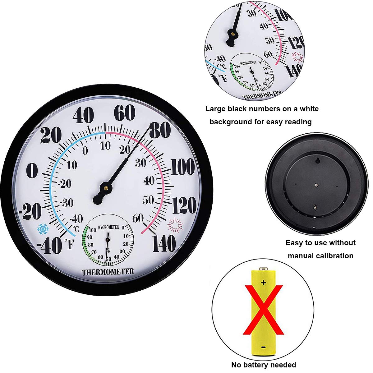 Waterproof Indoor Outdoor Thermometer Hygrometer - Large Numbers Hanging Wall Thermometer for Patio, Garden, Greenhouse | No Battery Needed | Perfect for Home, Office & Weather Monitoring
