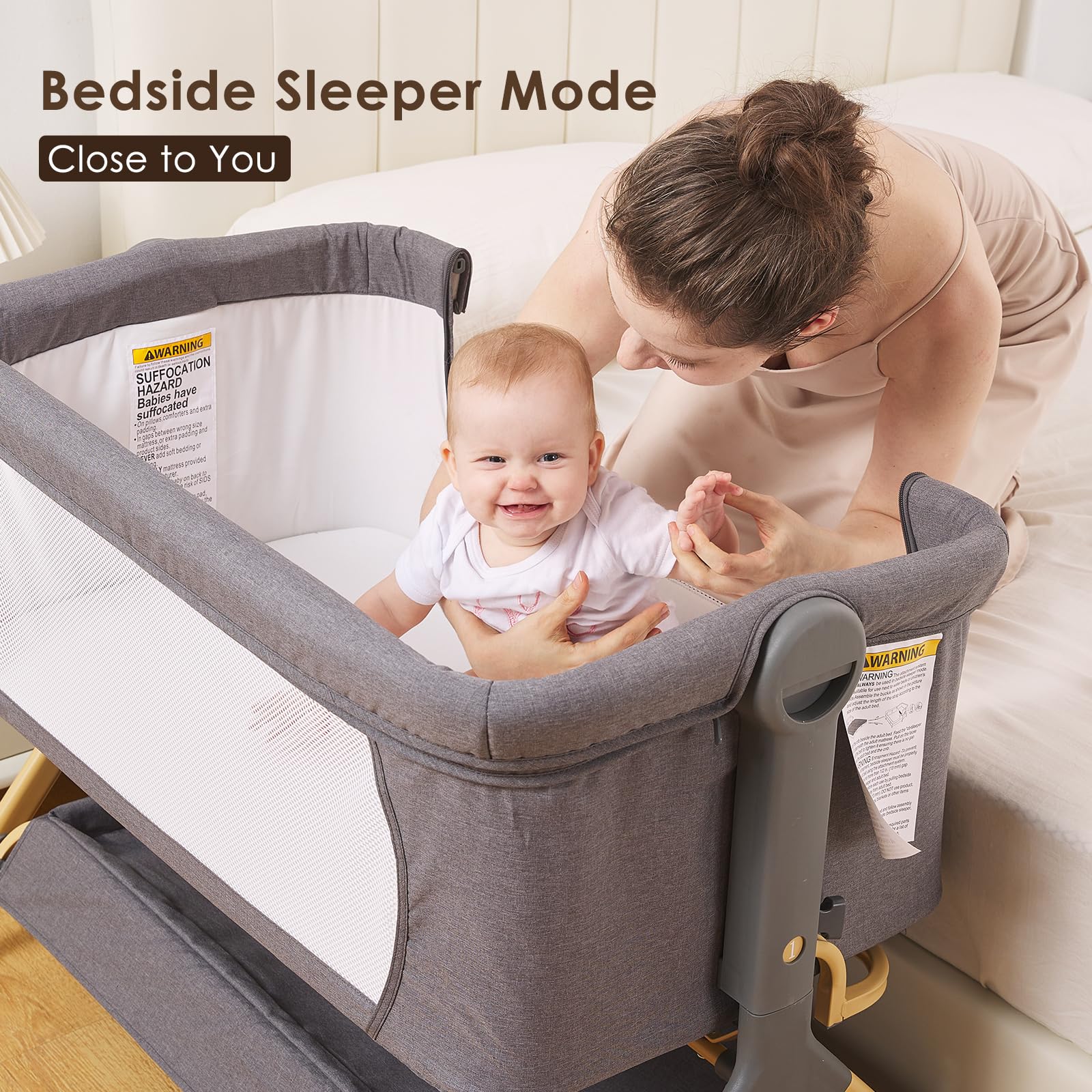 Portable Baby Bassinet with Wheels & Storage - Adjustable Height Bedside Sleeper with Waterproof Mattress Cover - Newborn Crib for Co-Sleeping - Perfect for Nursery, Bedroom & Travel Use