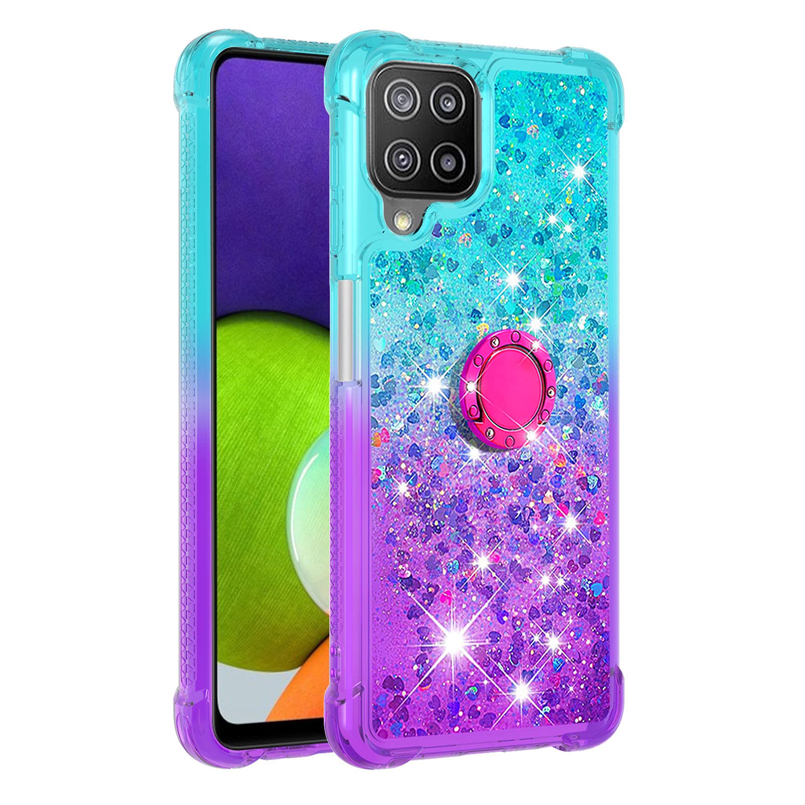 Samsung Galaxy A22 4G Case with Ring Holder - Clear Gradient Quicksand Glitter Floating Liquid TPU Phone Cover (Bluish Violet) | Shockproof Protective Case for Everyday Use, Work & Travel