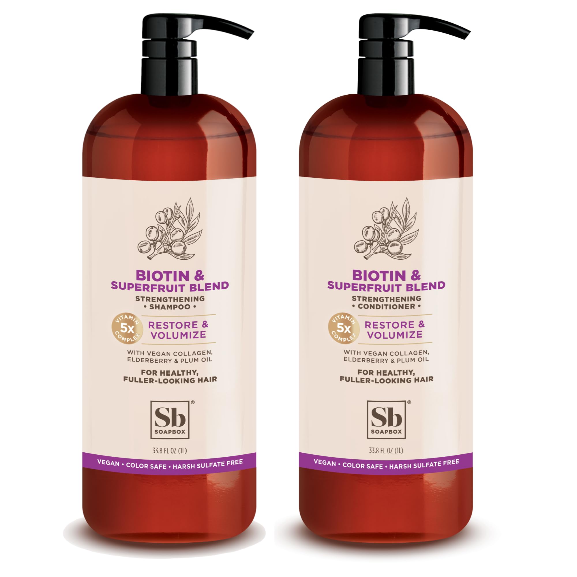 Biotin & Superfruit Shampoo and Conditioner Set - Vegan Collagen, Aloe & Shea Butter - Sulfate, Paraben & Silicone Free - Color Safe Hair Care - 1 Liter Each (Pack of 2) - For Dry, Damaged Hair & Scalp Nourishment - Perfect for Daily Use & Color-Treated Hair