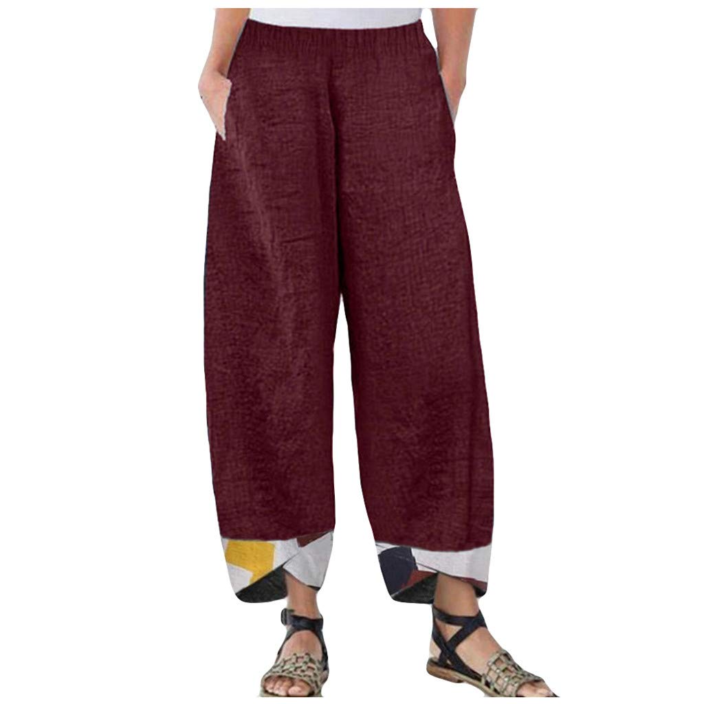 Black Linen Wide Leg Pants for Women - Soft Cotton Linen Blend, Loose Fit, Printed Irregular Hem, Elastic Waist Plus Size (Wine Red, Medium) - Perfect for Summer Casual Wear, Office Outfits & Boho Style