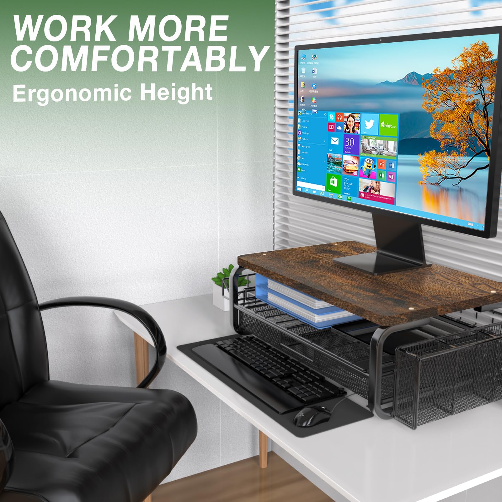 Premium Wooden Monitor Stand Riser with Storage Drawer - Large Desktop Organizer with Cable Management, Pen Holder & Phone Slot - Ergonomic Desk Accessory for Laptop, iMac, PC (Carbon Smoked) - Perfect for Home Office, Gaming Setup & Workspace Organization