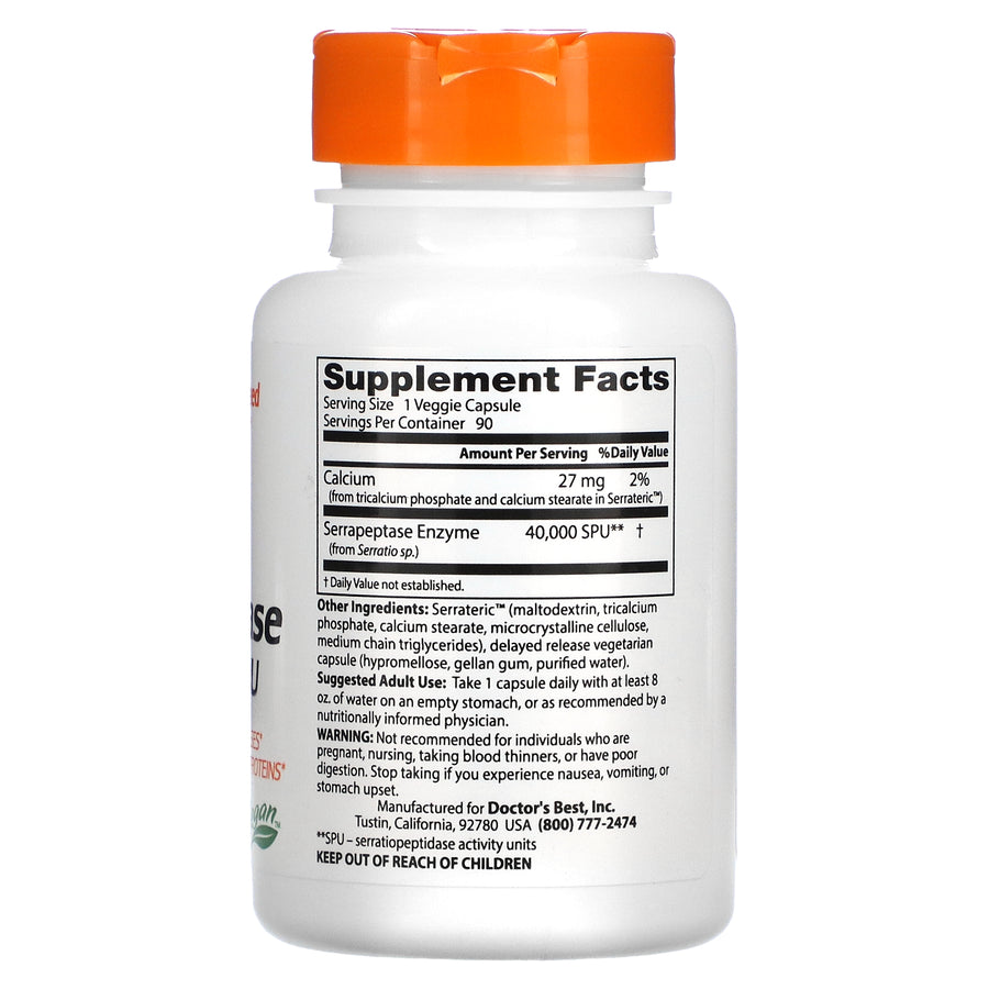 Doctor's Best Serrapeptase 40,000 SPU - 90 Vegetarian Capsules for Joint Support & Inflammation Relief - Supports Respiratory Health & Circulation