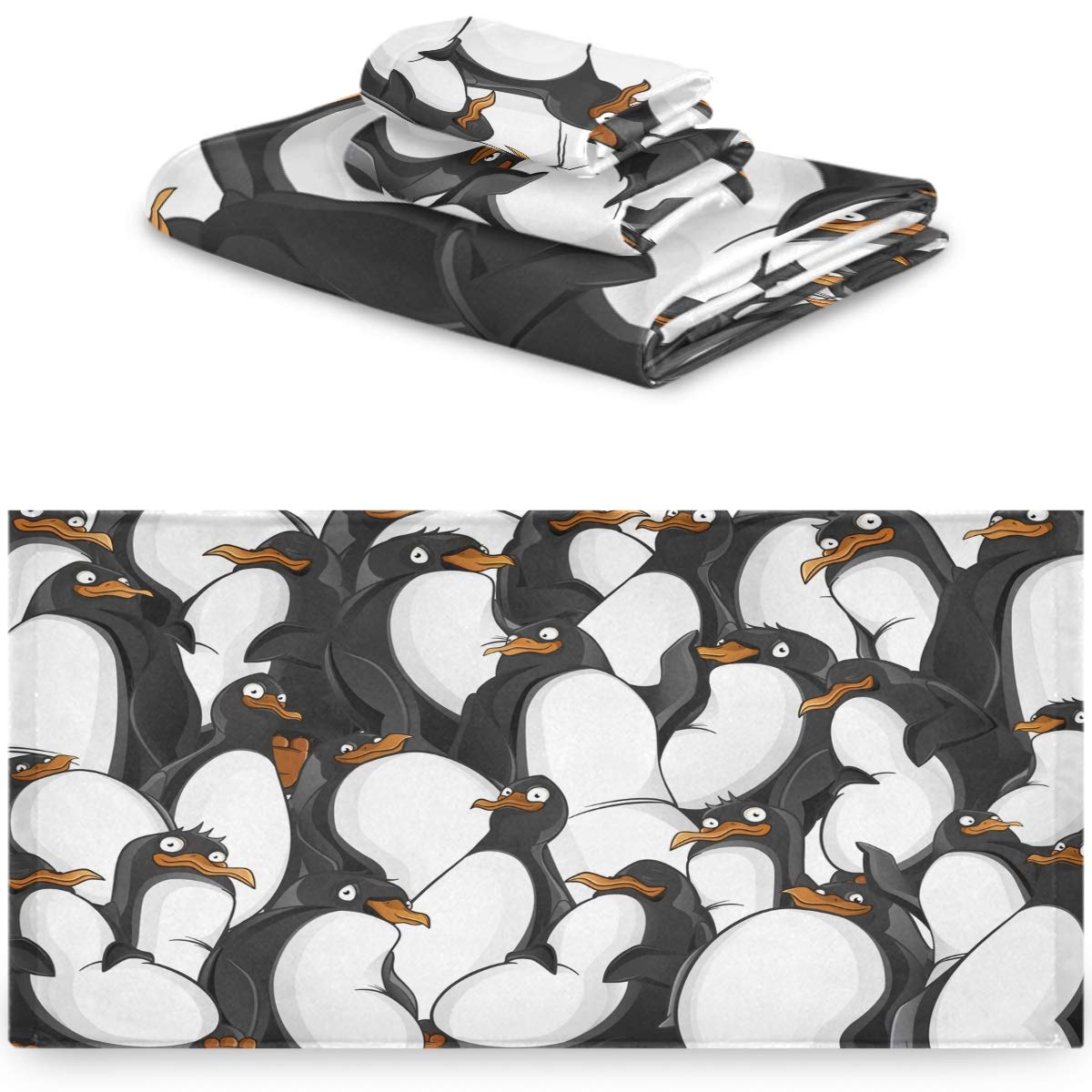 CaTaKu 3-Piece Penguin Bath Towel Set - Soft & Absorbent Bath Towel, Hand Towel & Washcloth for Home, Kitchen, Hotel, Gym, Swim & Spa | Cute Penguin Design for Kids & Adults Bathroom Decor