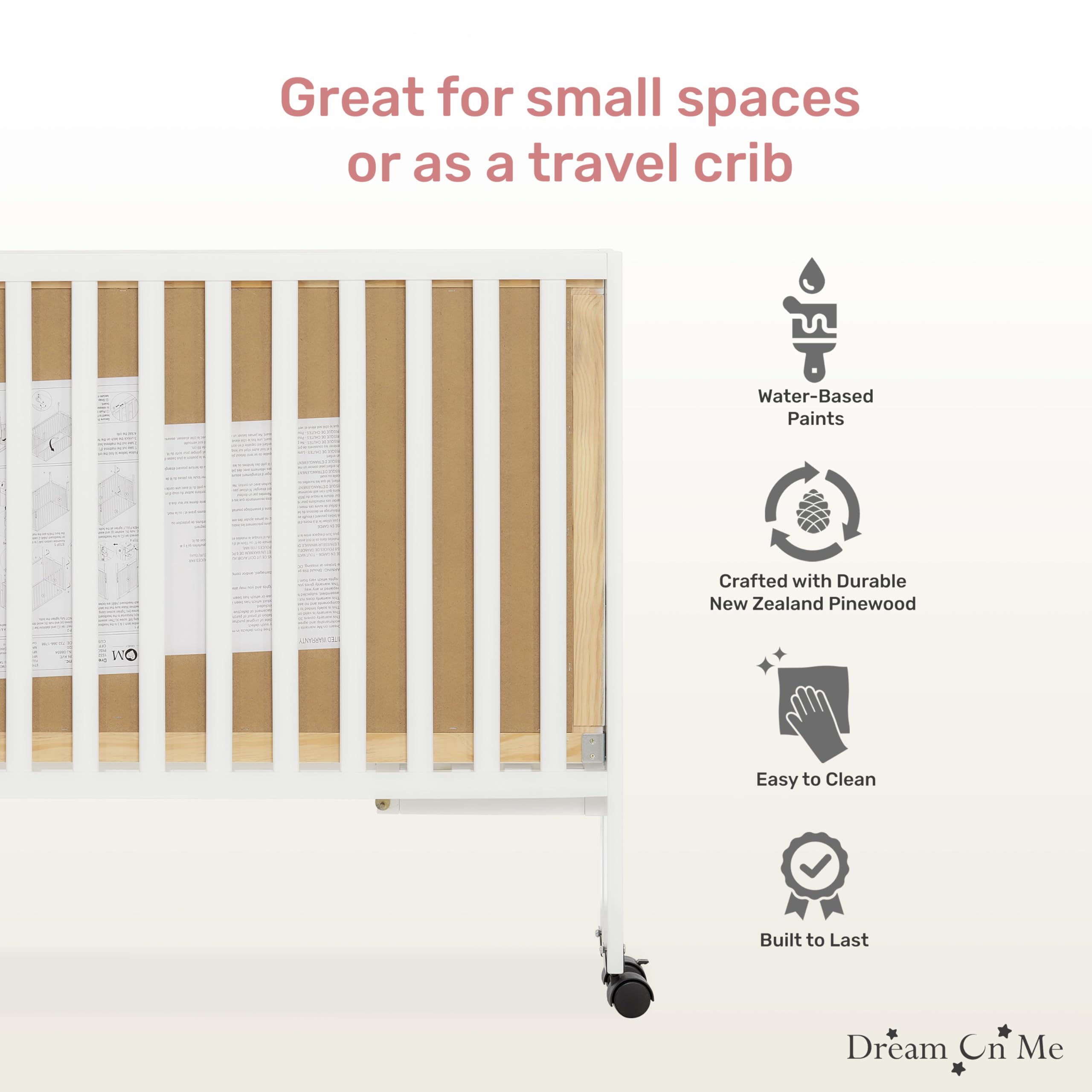 Dream On Me Quinn Full-Size Folding Crib - White Nursery Crib with Removable Wheels & Adjustable Mattress Support | Portable Baby Bed with Patented Folding System | Perfect for Small Spaces, Travel & Modern Nurseries