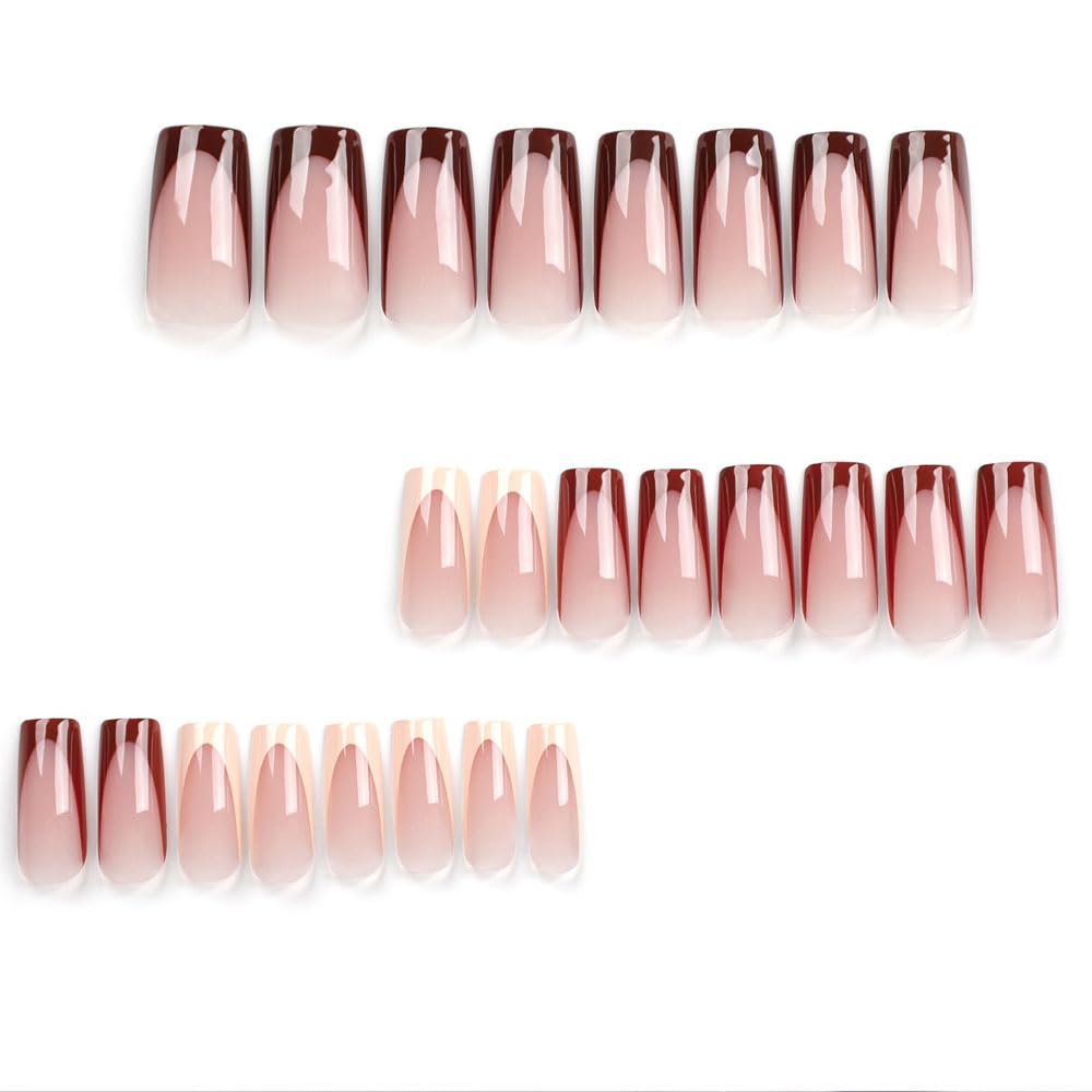 24Pcs Medium Long Square Press on Nails - Brown Acrylic Fake Nails with Floral Design, Full Cover Stick on Nails for Women & Girls, Wedding Manicure & Party Nail Art Accessories