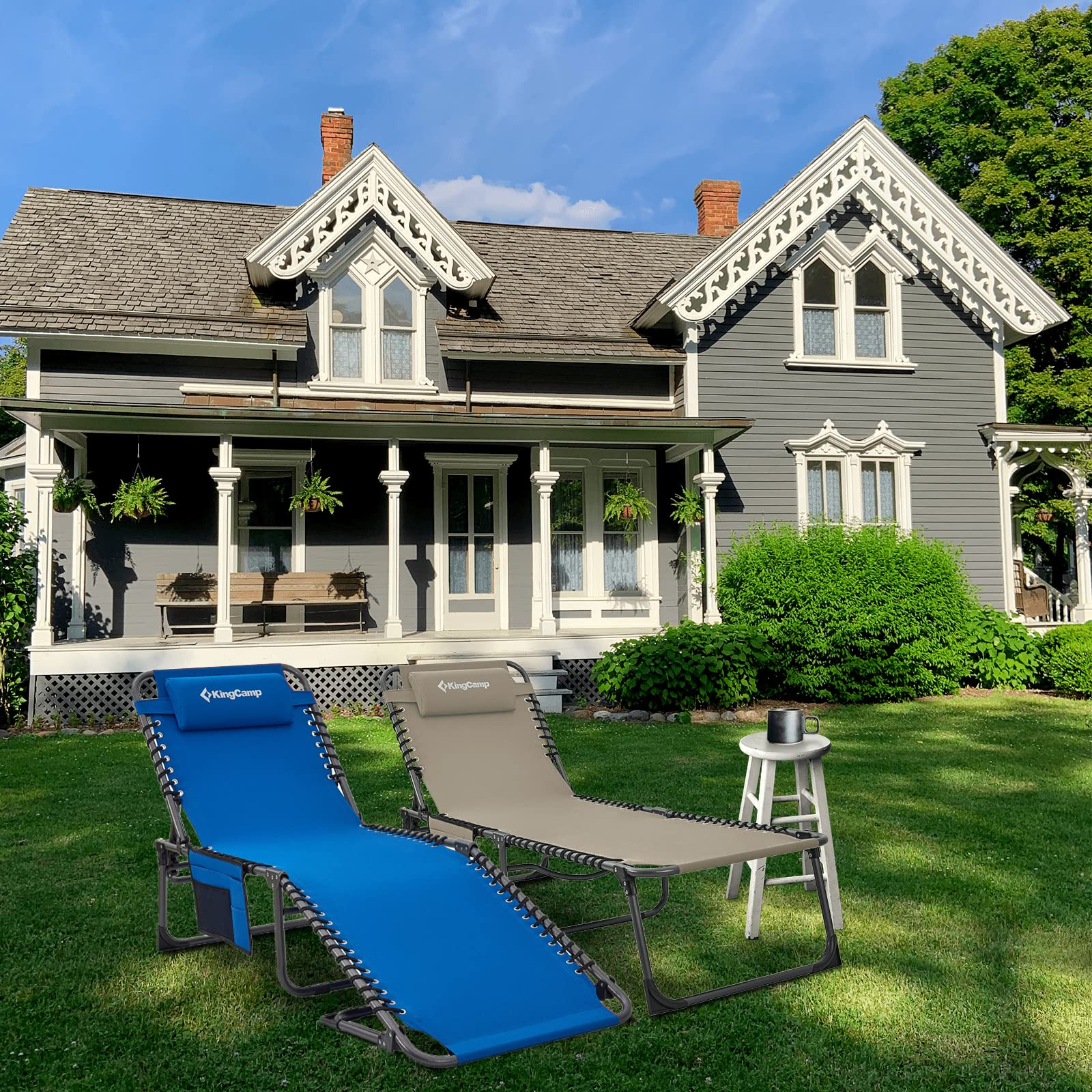 KingCamp Folding Adjustable Patio Chaise Lounge Chair - Heavy Duty Portable Outdoor Recliner for Pool, Beach, Sunbathing, Deck & Lawn - Lay Flat Foldable Camping Cot with Pillow - Perfect for Relaxing, Travel & Backyard Lounging