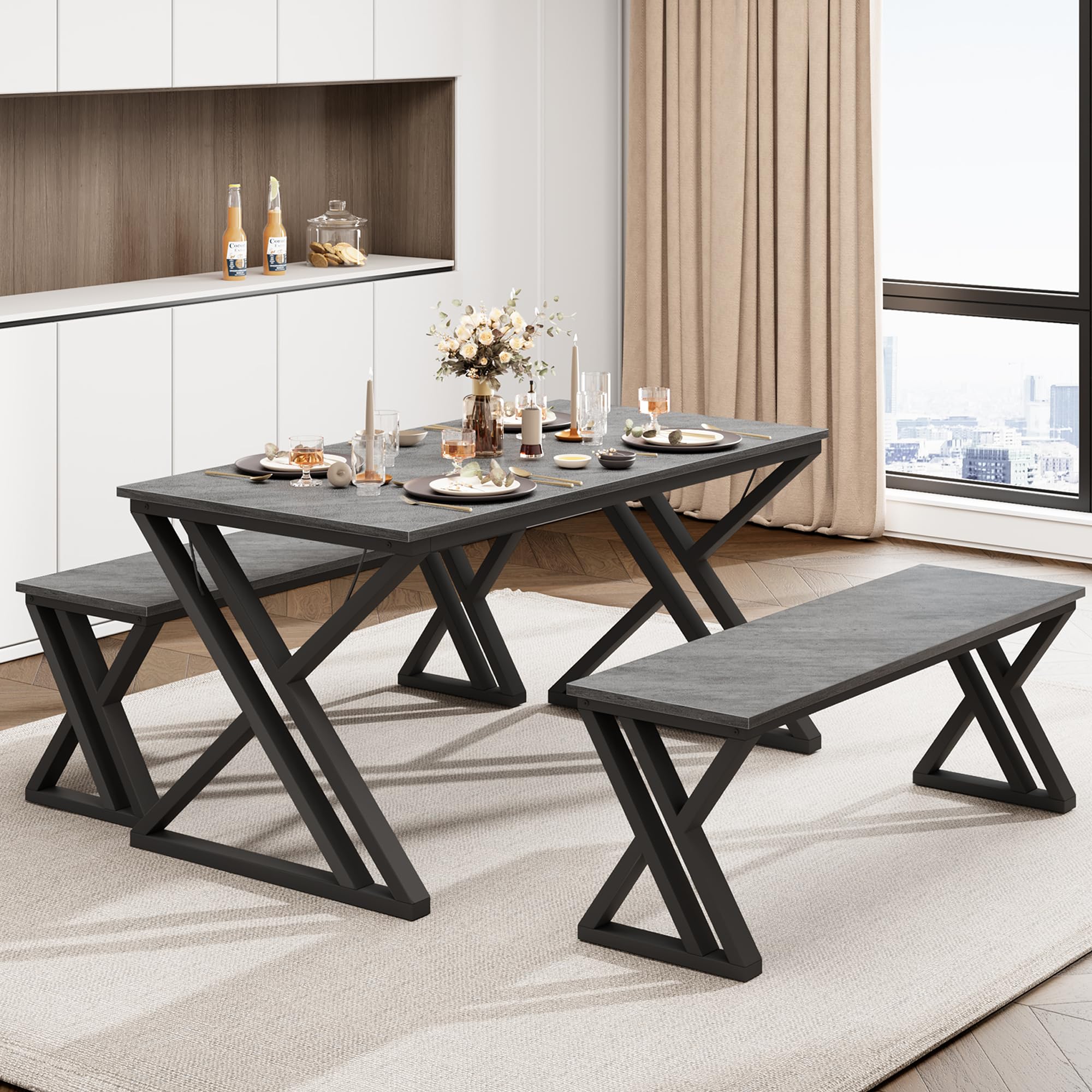 GAOMON 4-Piece Dining Table Set with 2 Benches, Modern Rectangular Kitchen Table with Sturdy Metal Frame, Space-Saving Design for Small Apartments - Perfect for Family Meals, Breakfast Nook & Compact Dining Areas (Grey)