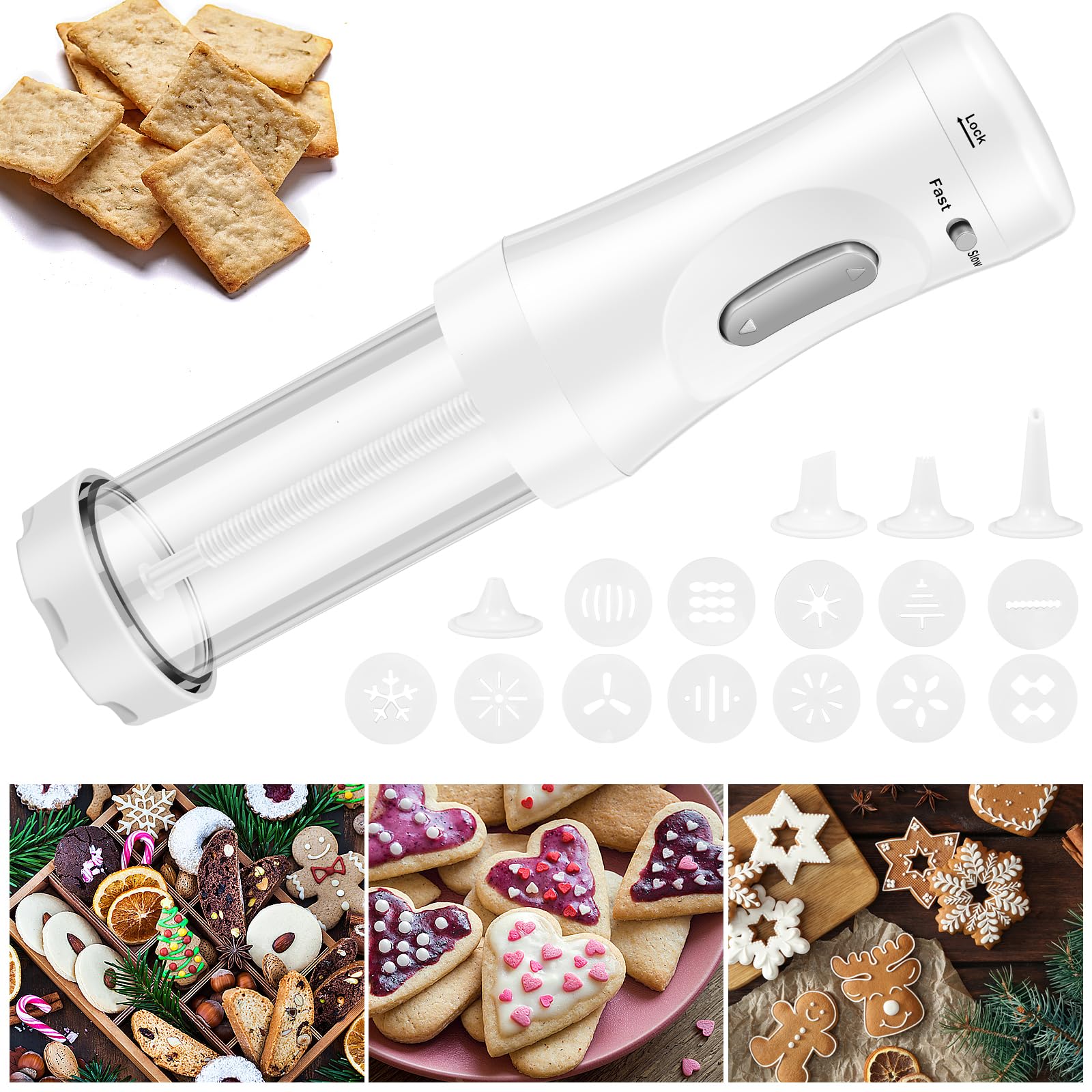 Electric Cookie Press Gun Kit - 12 Cookie Discs & 4 Icing Nozzles | Detachable Cookie Maker Machine for Baking & Decorating | Perfect for Holiday Cookies, Wedding Favors & Party Treats